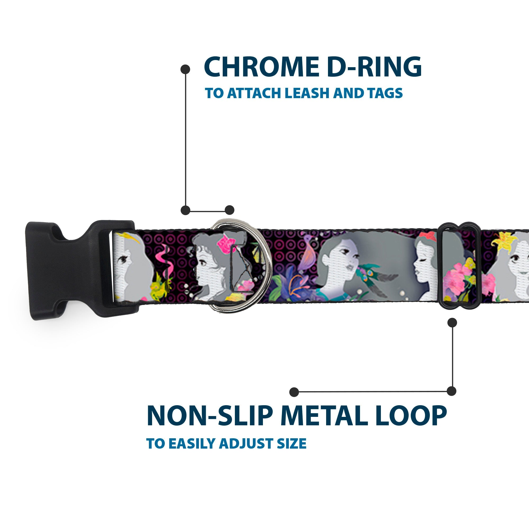 Plastic Clip Collar - Princess Silhouettes Dots Black/Purple/Gray/Multi Color