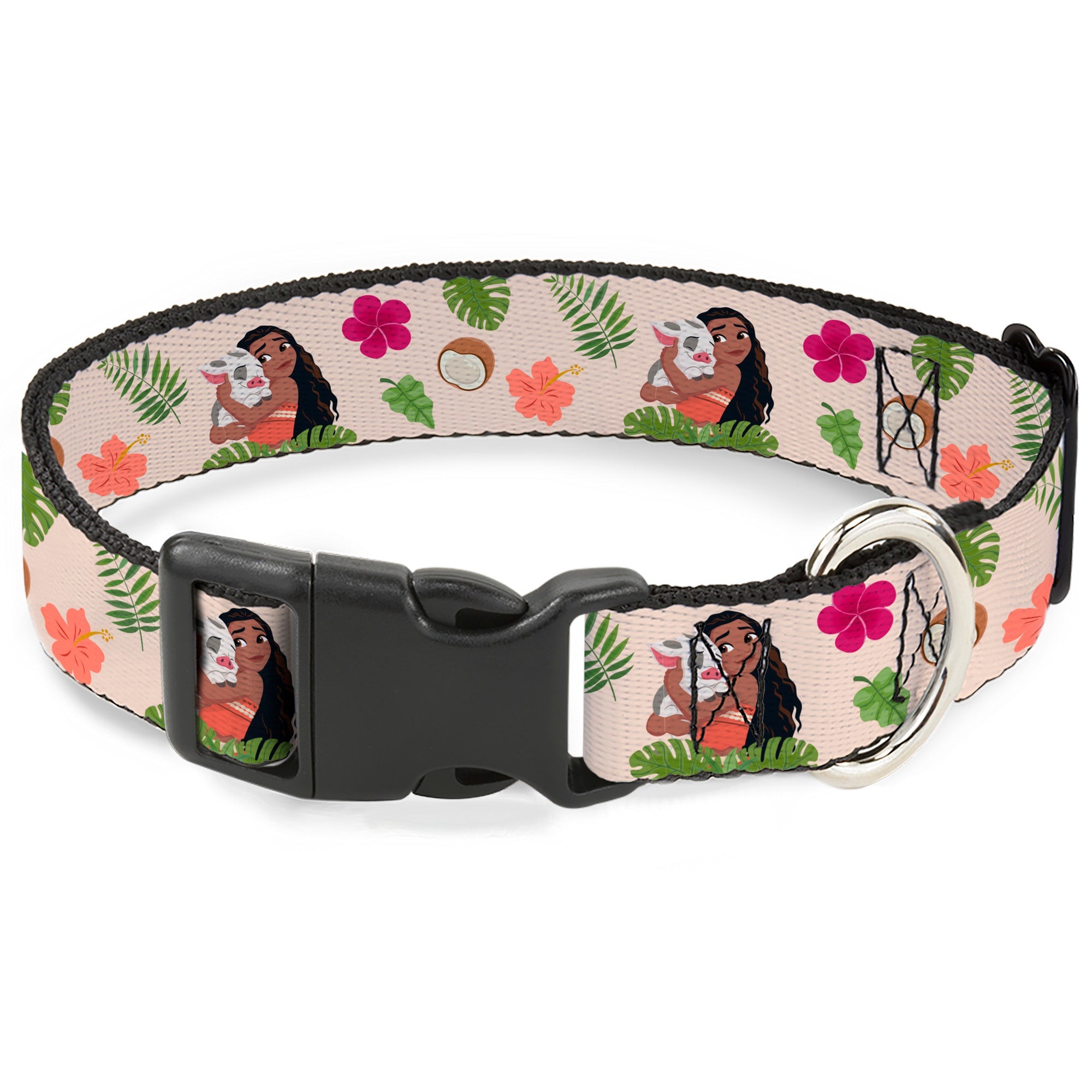 Plastic Clip Collar - Moana Hugging Pua Pose and Tropical Flora Beige