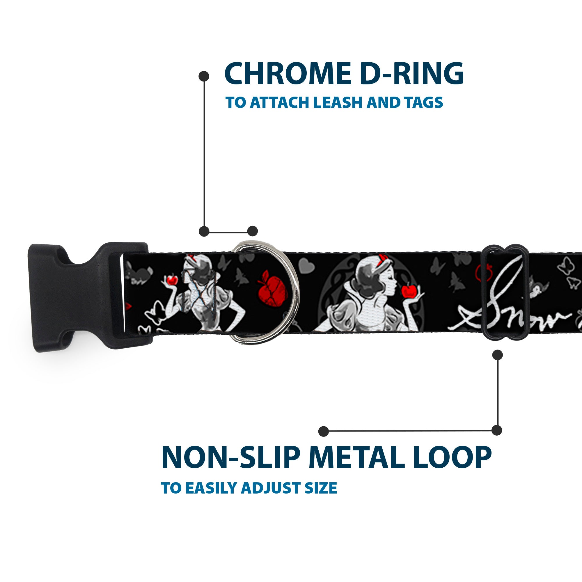 Plastic Clip Collar - SNOW WHITE Apple Poses/Butterflies Black/Gray/Red