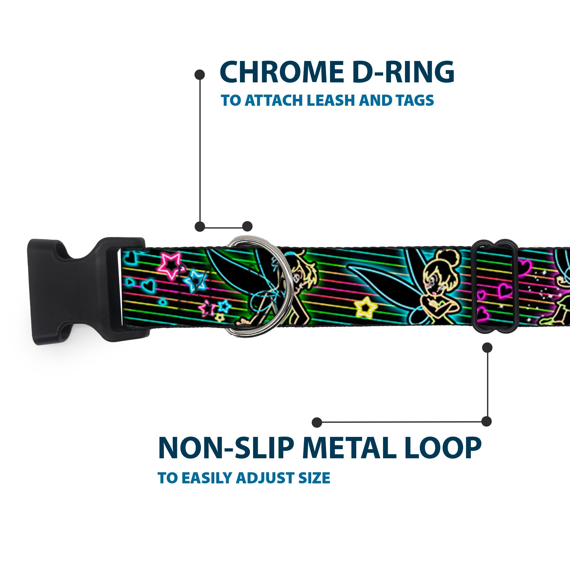 Plastic Clip Collar - Electric Tinkerbell Poses/Stripes Black/Multi Neon