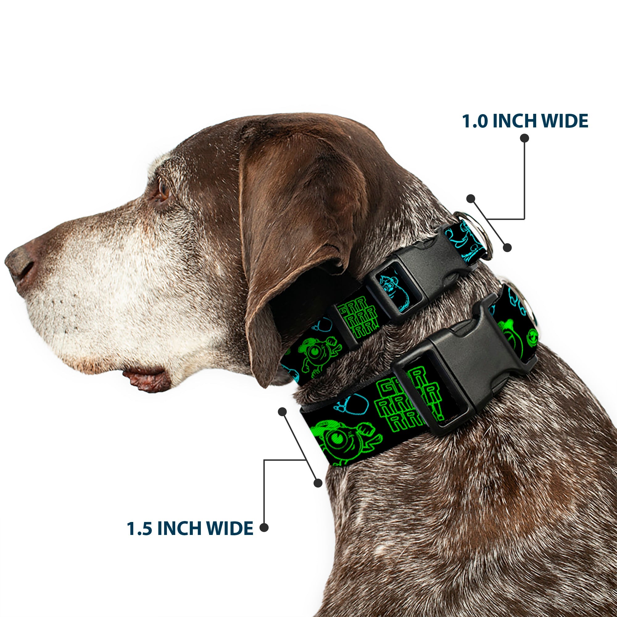 Plastic Clip Collar - Monsters Inc. Sully & Mike Poses/GRRRRR! Black/Turquoise/Green