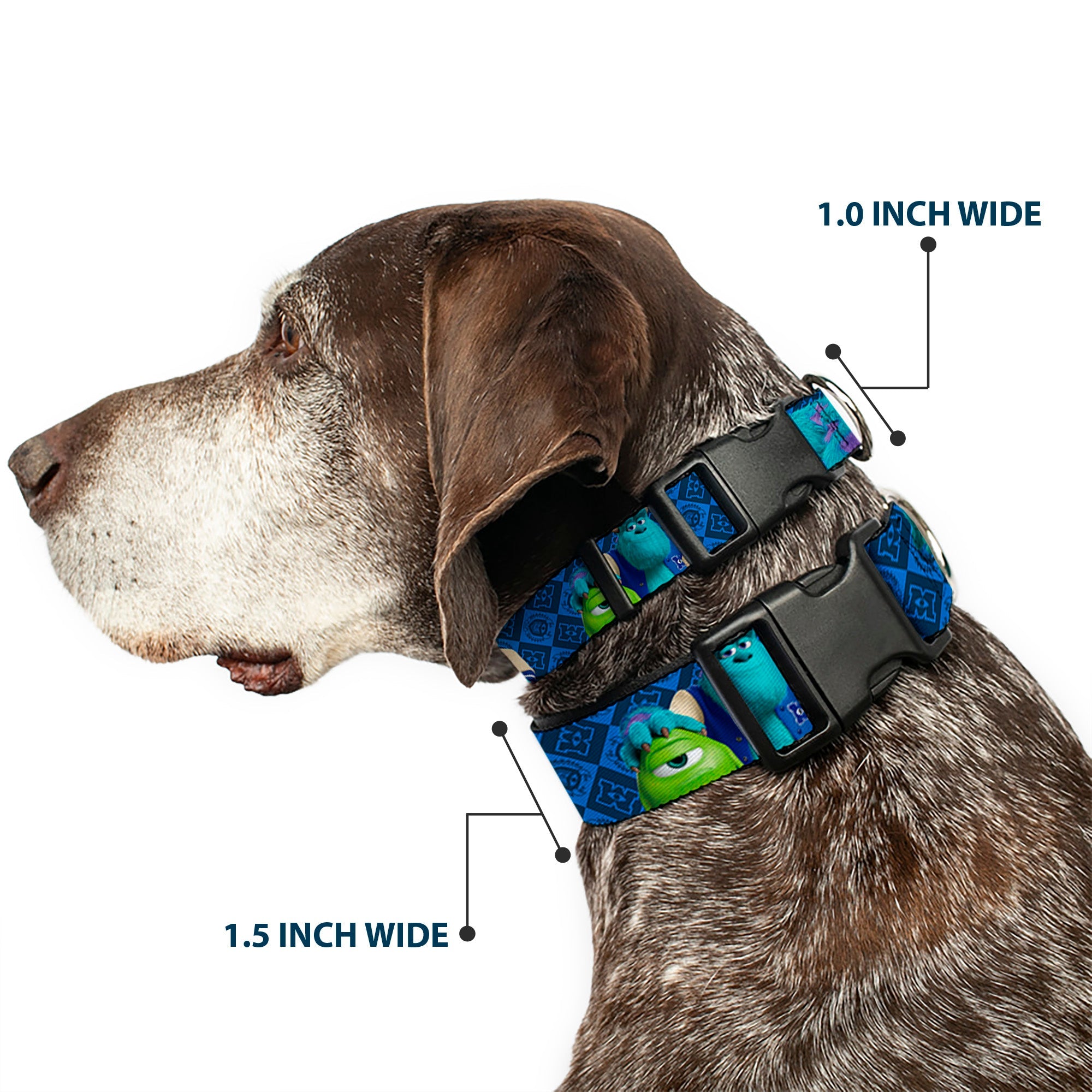 Plastic Clip Collar - Monsters University Sulley & Mike Poses/Checkers Blue