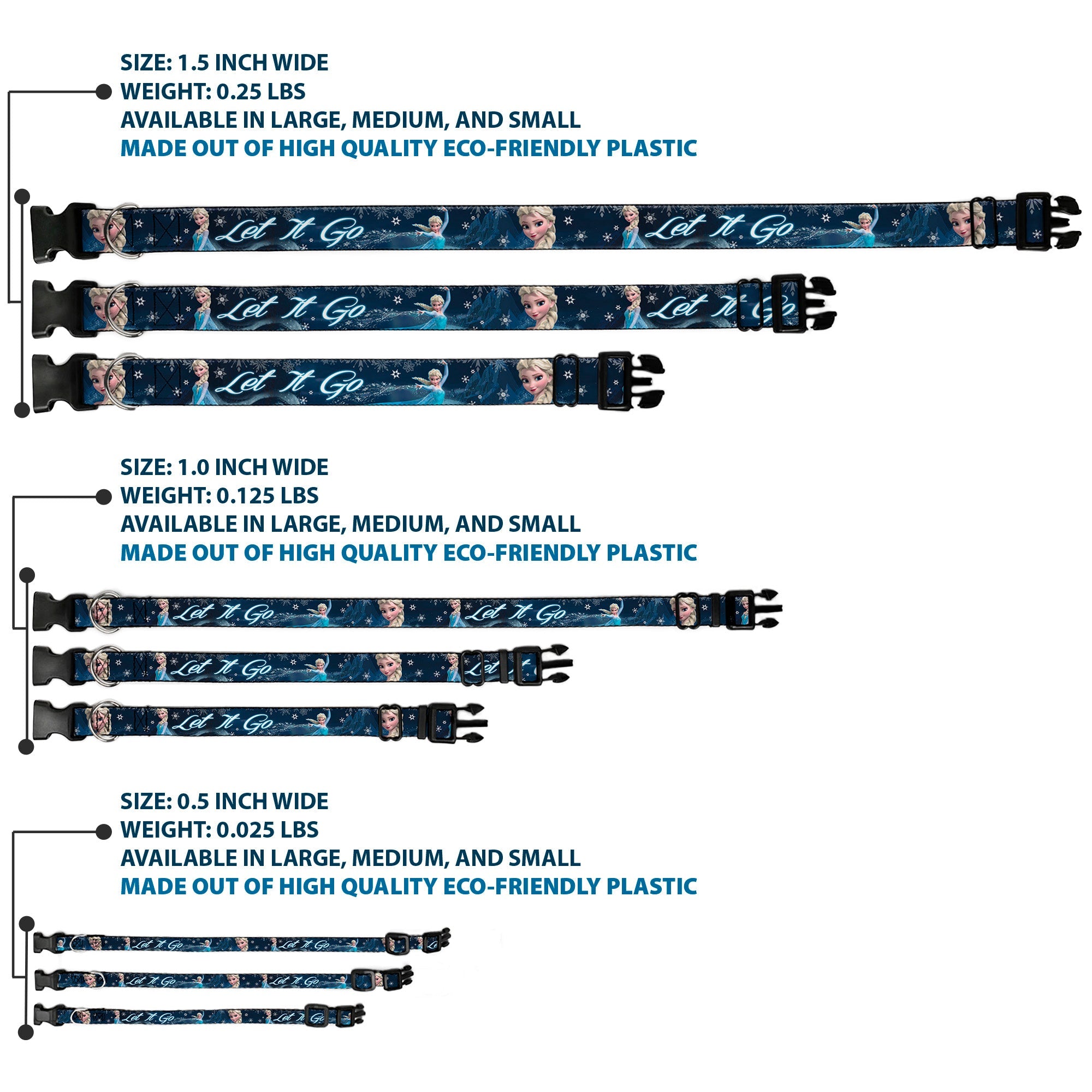 Plastic Clip Collar - Elsa the Snow Queen Poses/Snowflakes LET IT GO Blues/White