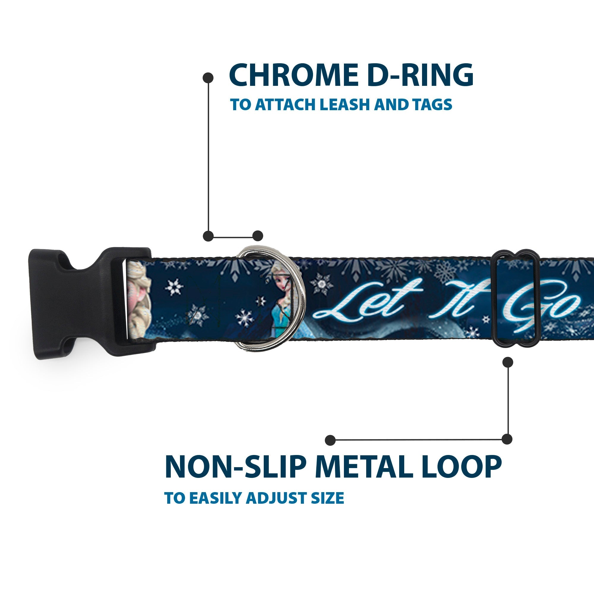 Plastic Clip Collar - Elsa the Snow Queen Poses/Snowflakes LET IT GO Blues/White