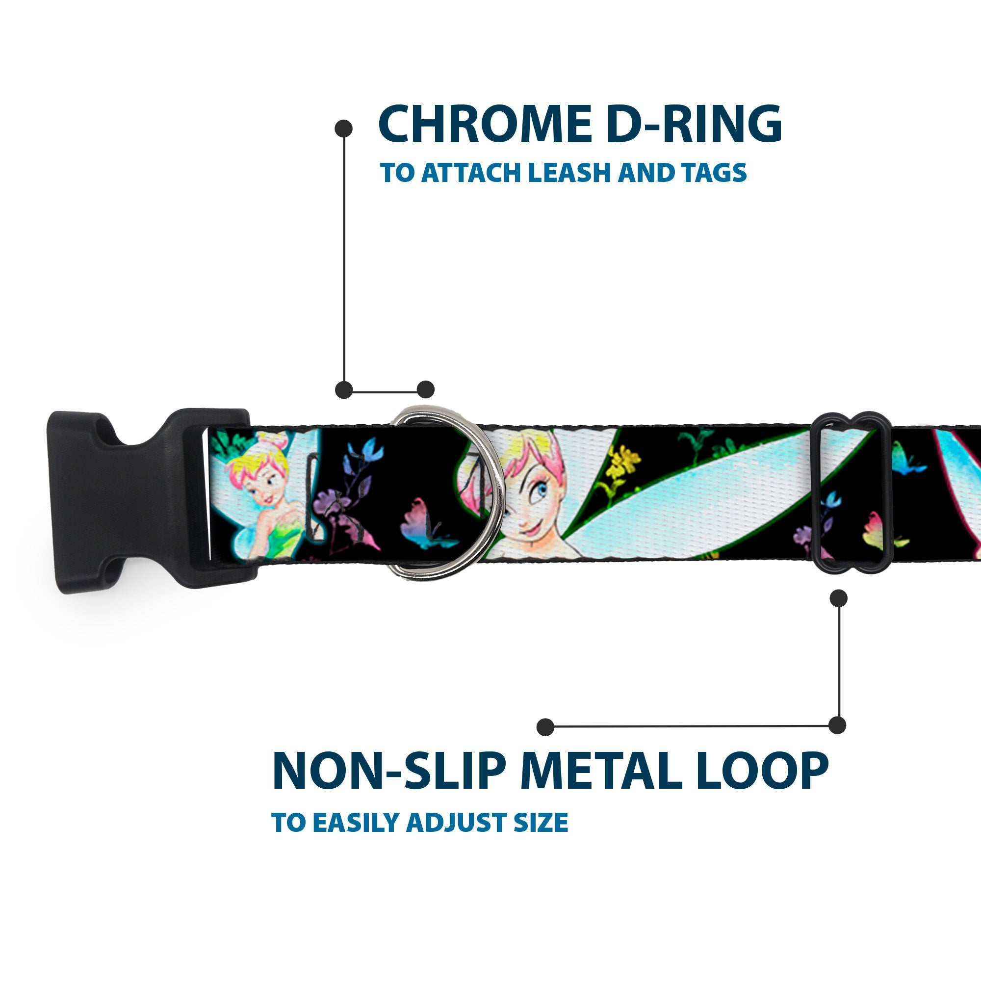 Plastic Clip Collar - Glowing Tinker Bell Poses/Butterflies & Flowers Black/Multi Neon