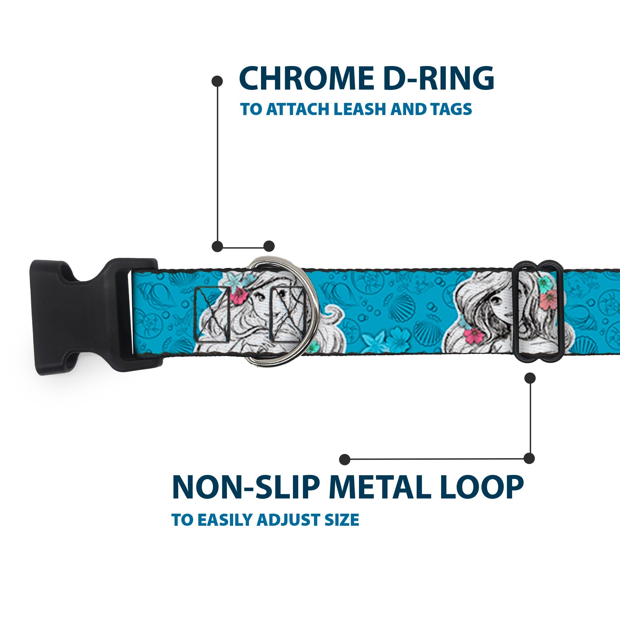 Plastic Clip Collar - Ariel Poses/Shells Sketch Blue/White