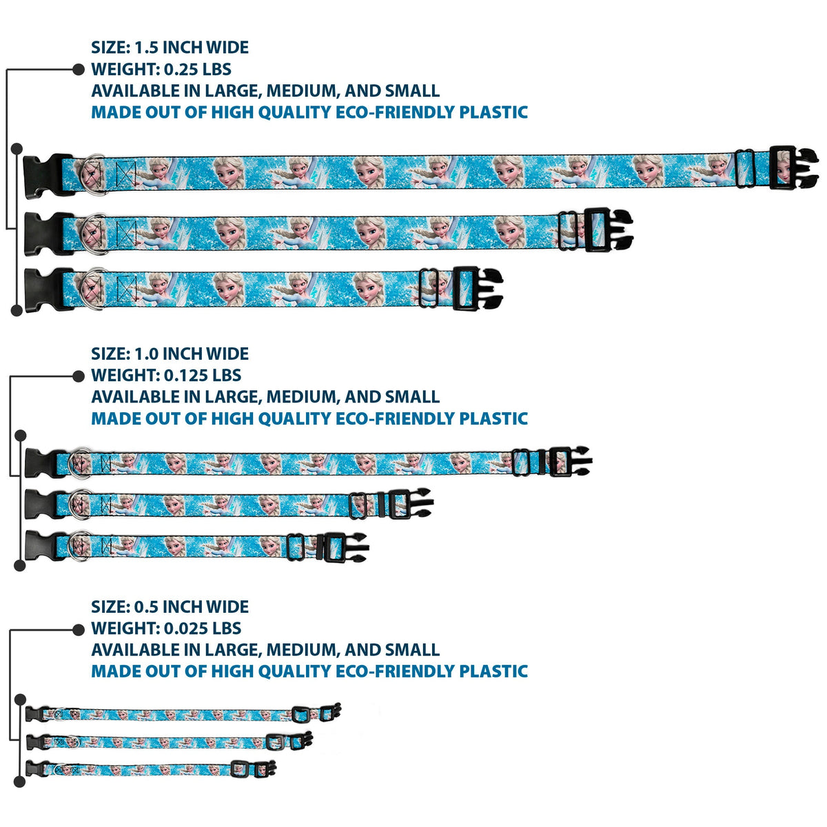 Plastic Clip Collar - Frozen Elsa Face/Action Pose/Snowflakes Blues/White