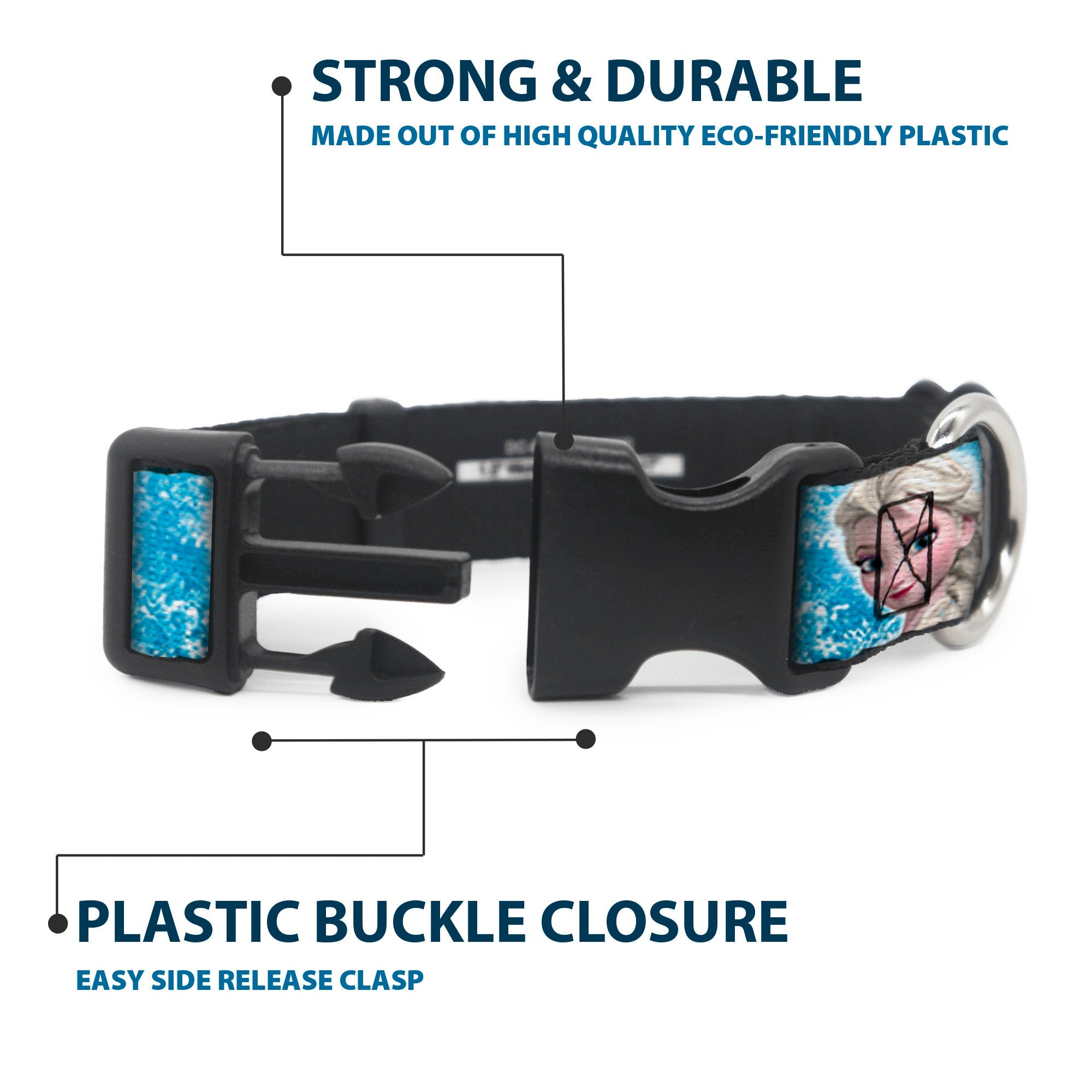Plastic Clip Collar - Frozen Elsa Face/Action Pose/Snowflakes Blues/White