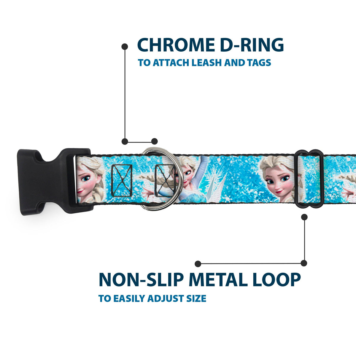 Plastic Clip Collar - Frozen Elsa Face/Action Pose/Snowflakes Blues/White