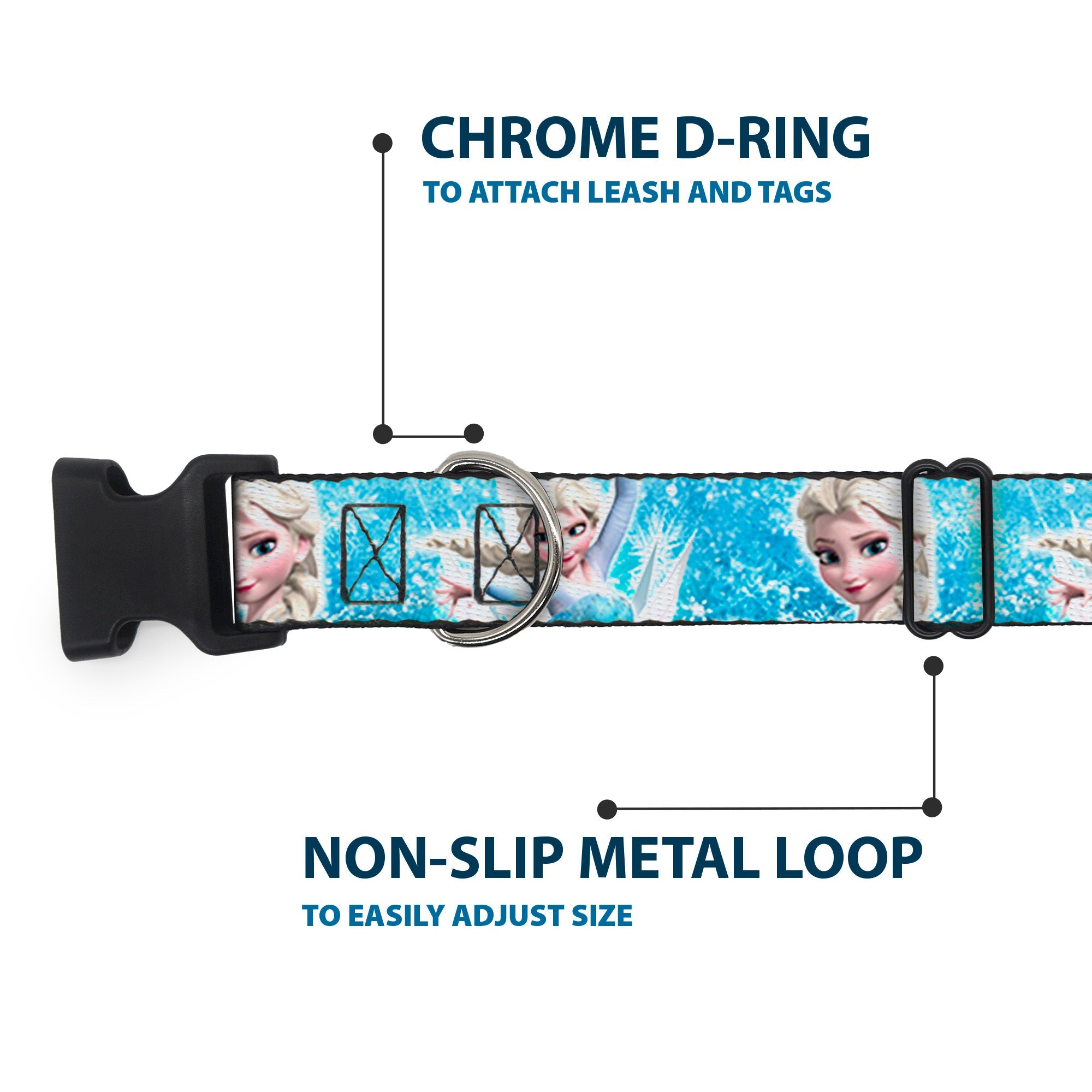Plastic Clip Collar - Frozen Elsa Face/Action Pose/Snowflakes Blues/White