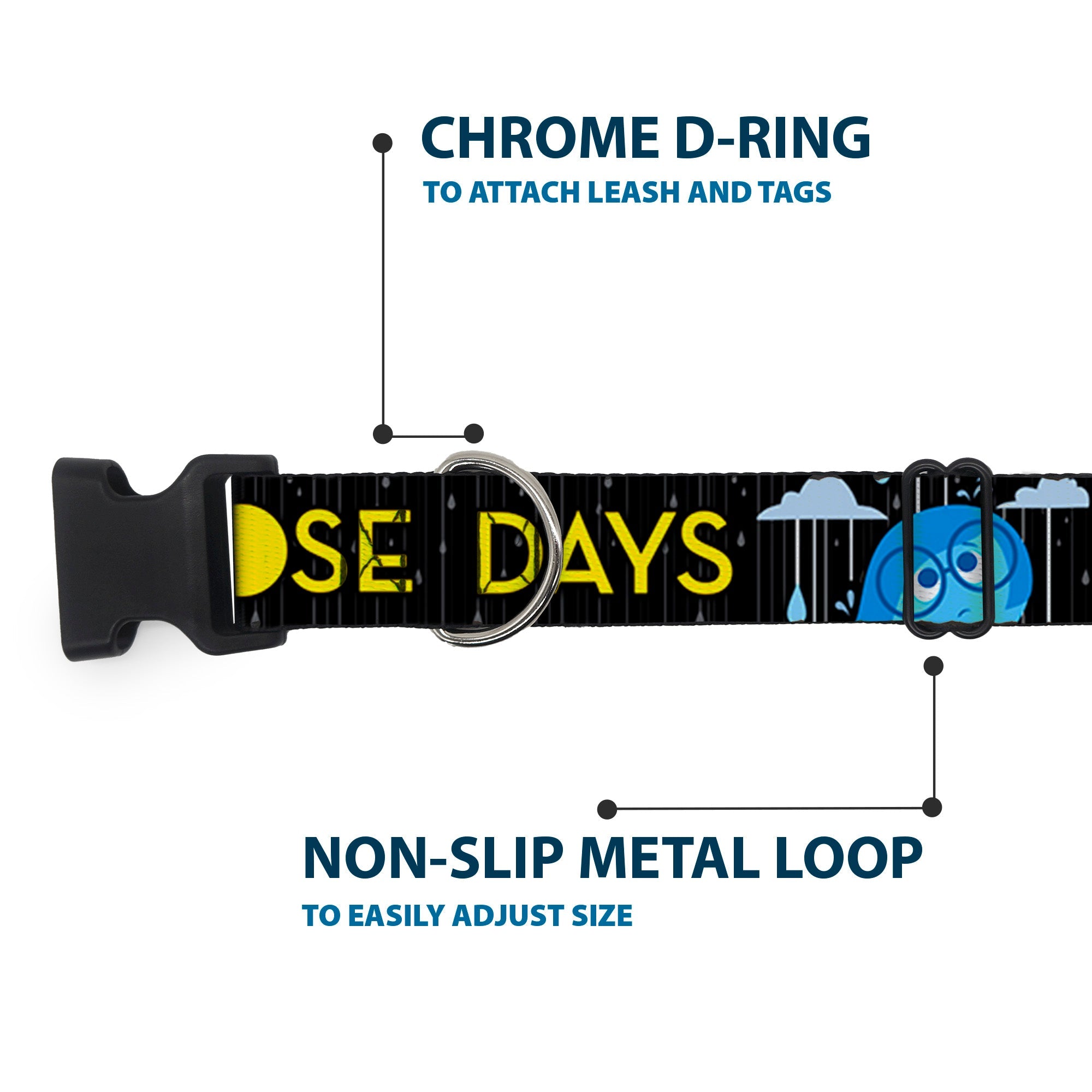 Plastic Clip Collar - Joy Poses/Rain ONE OF THOSE DAYS Black/Gray/Blues/Yellow