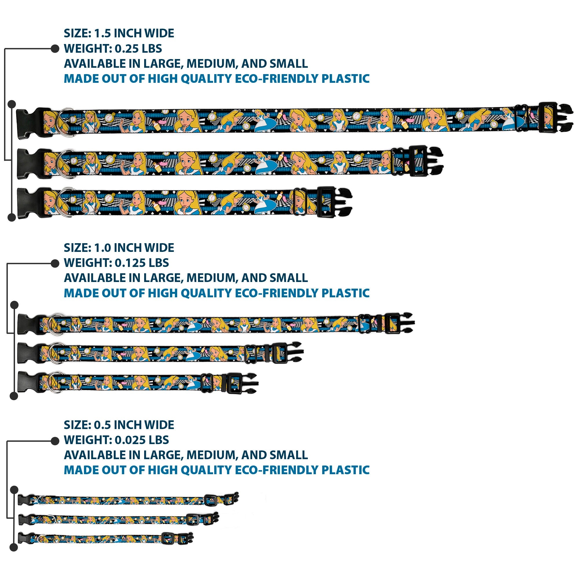 Plastic Clip Collar - Alice in Wonderland Poses/Clock/Bottle Diamond/Stripe Black/White/Blues