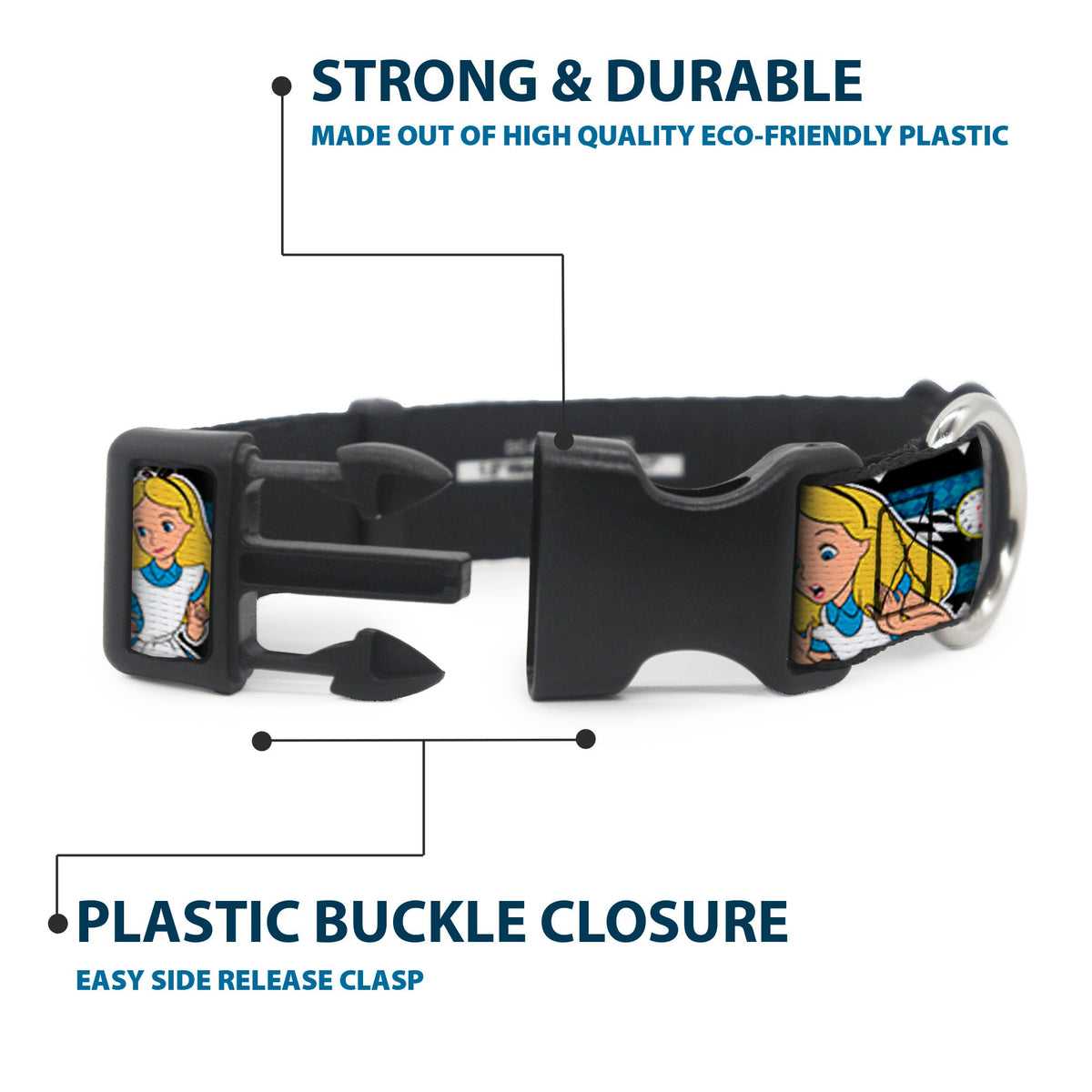 Plastic Clip Collar - Alice in Wonderland Poses/Clock/Bottle Diamond/Stripe Black/White/Blues