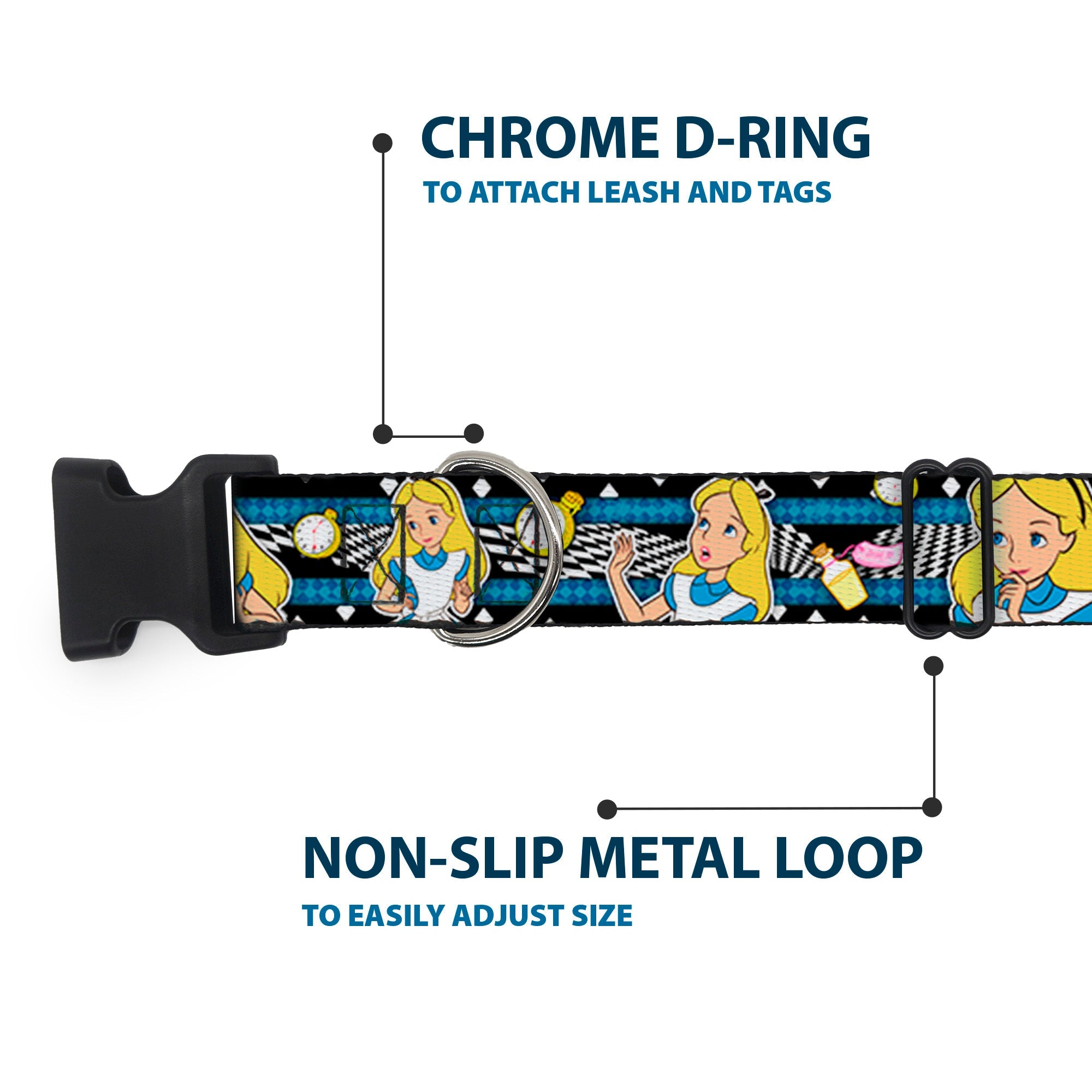 Plastic Clip Collar - Alice in Wonderland Poses/Clock/Bottle Diamond/Stripe Black/White/Blues