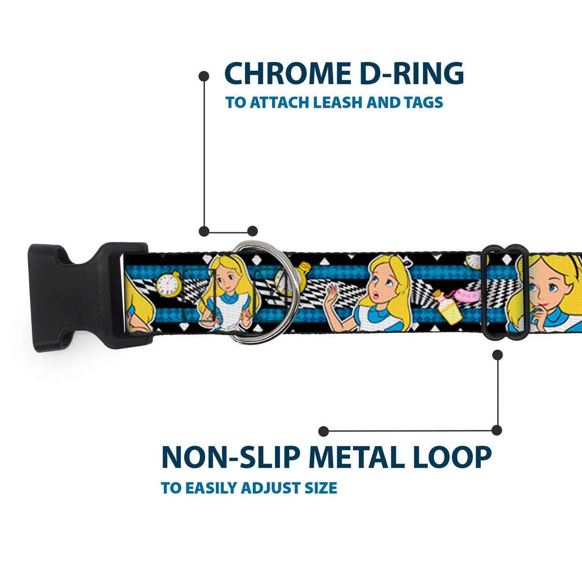 Plastic Clip Collar - Alice in Wonderland Poses/Clock/Bottle Diamond/Stripe Black/White/Blues