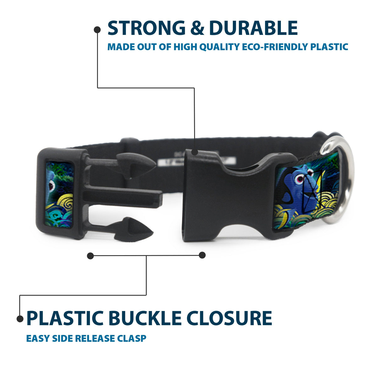 Plastic Clip Collar - Dory Poses/Swirls Blues/Yellows