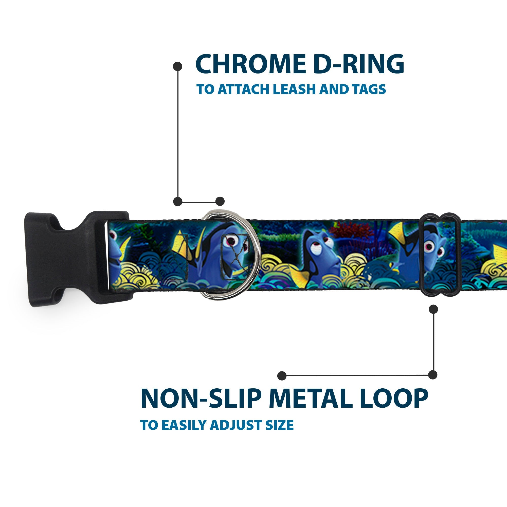Plastic Clip Collar - Dory Poses/Swirls Blues/Yellows