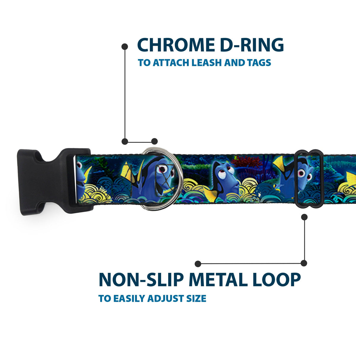 Plastic Clip Collar - Dory Poses/Swirls Blues/Yellows
