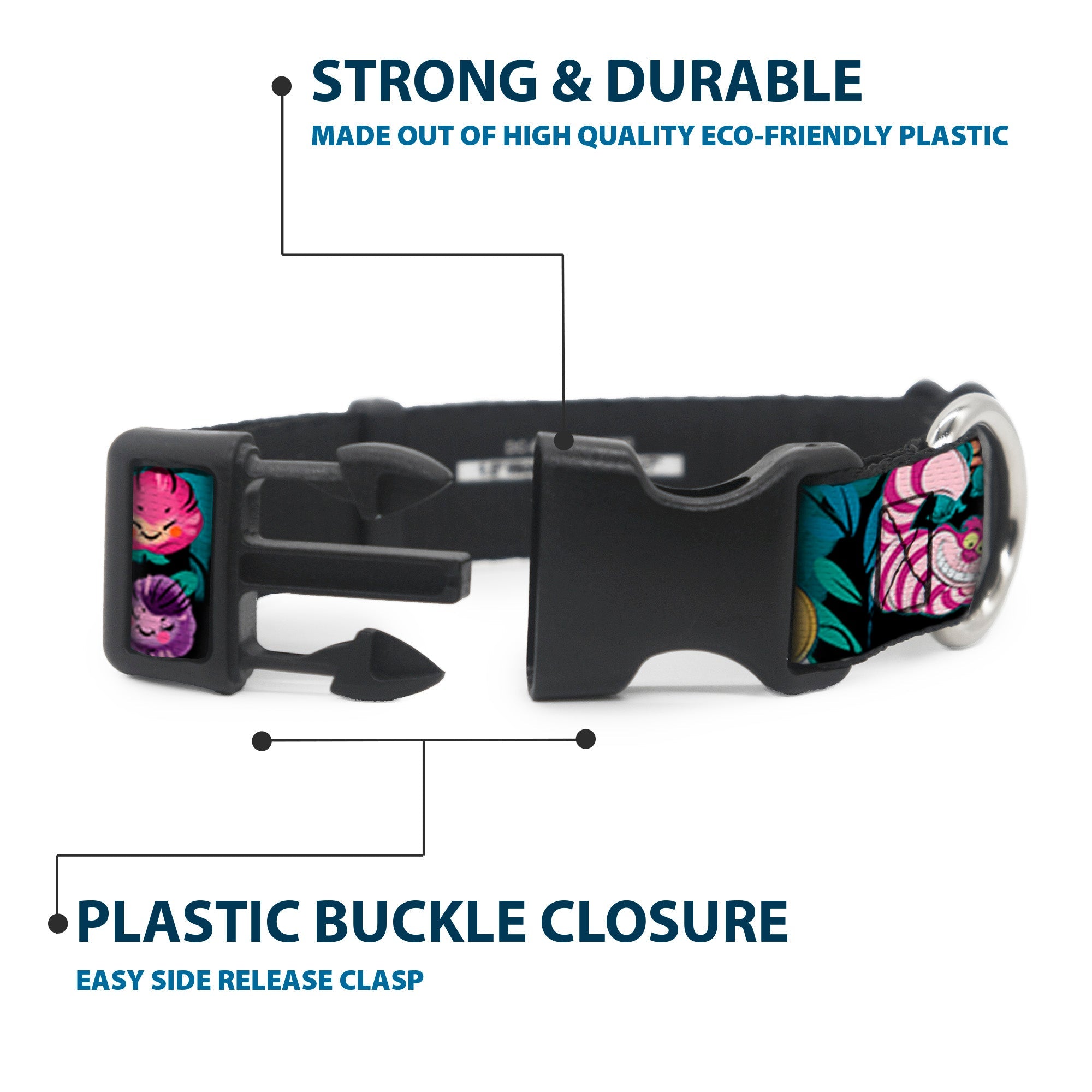 Plastic Clip Collar - Alice/Cheshire Cat/Flowers Poses Black/Multi Color