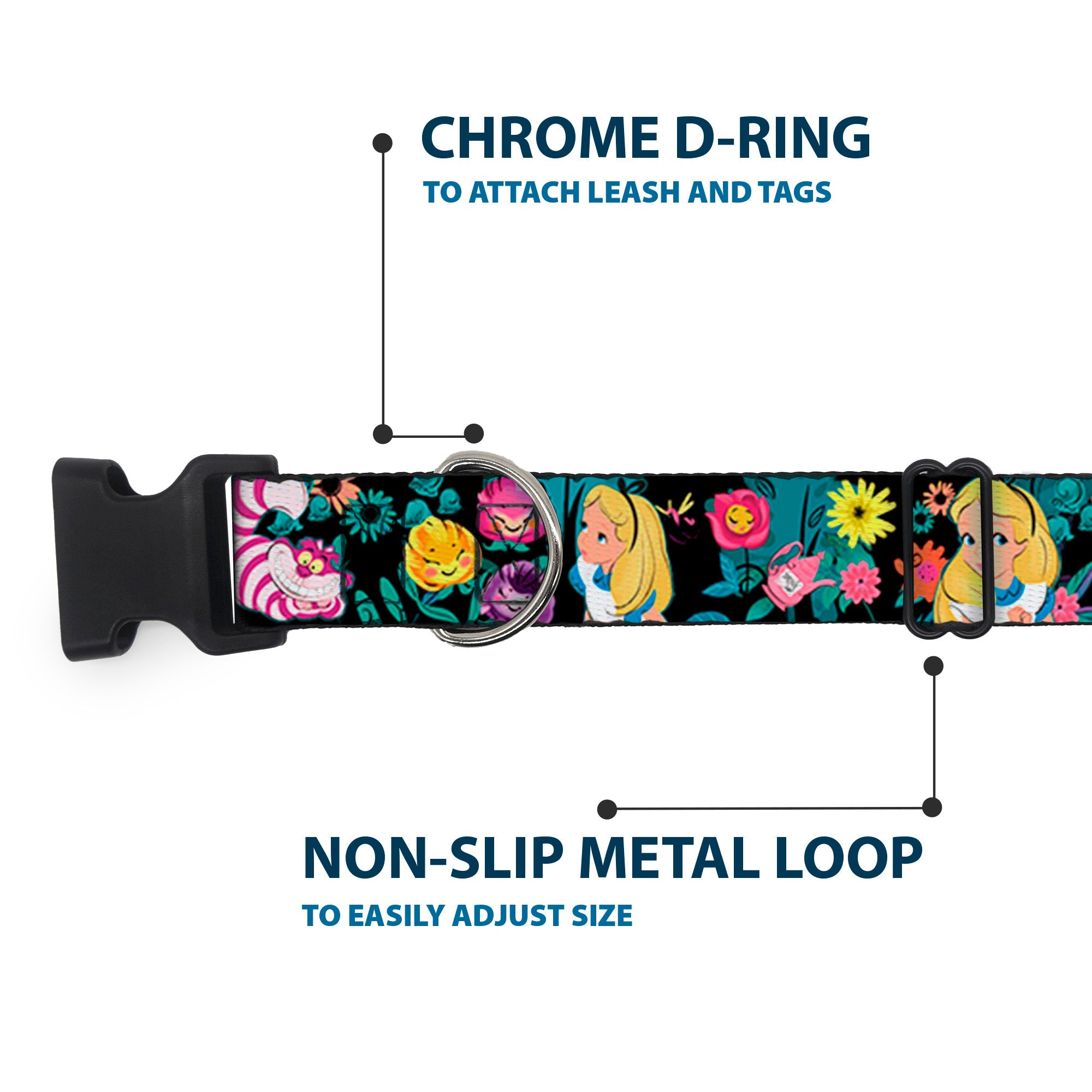 Plastic Clip Collar - Alice/Cheshire Cat/Flowers Poses Black/Multi Color