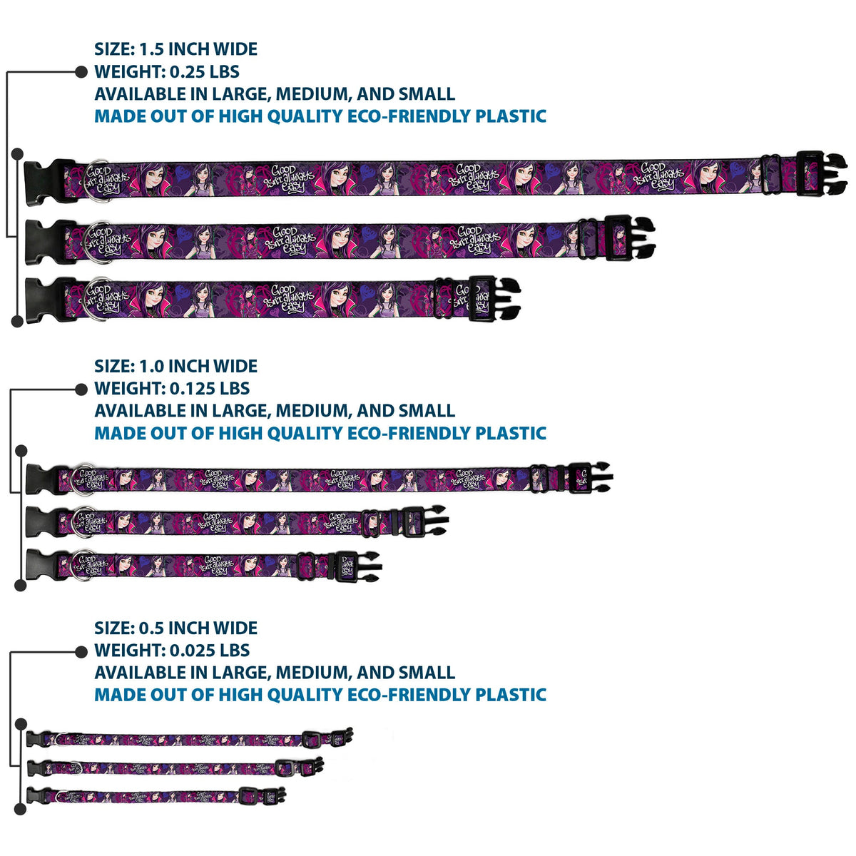 Plastic Clip Collar - Descendants Mal 3-Poses GOOD ISNT ALWAYS/Hearts/Dragons EASY Purples/Pinks