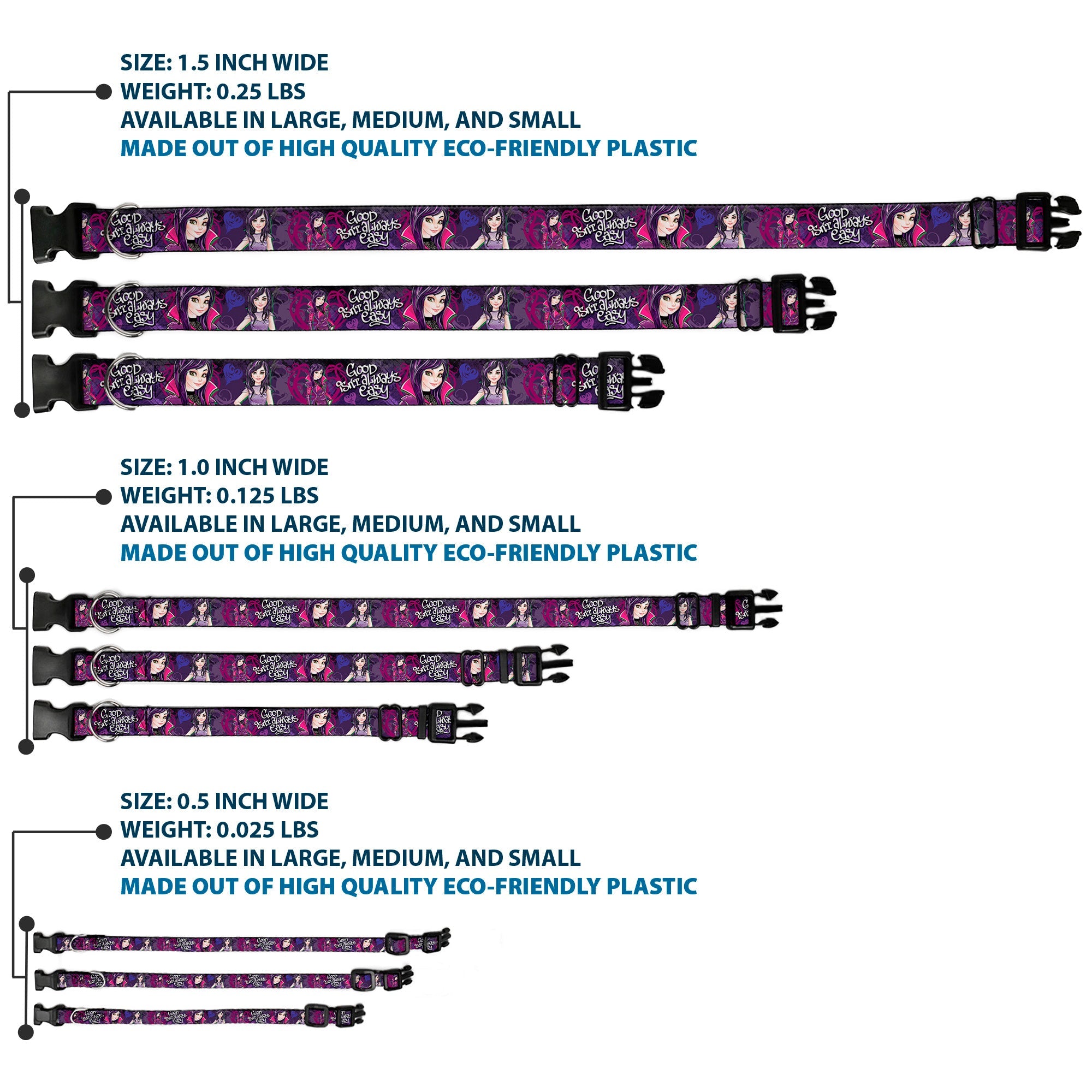 Plastic Clip Collar - Descendants Mal 3-Poses GOOD ISNT ALWAYS/Hearts/Dragons EASY Purples/Pinks