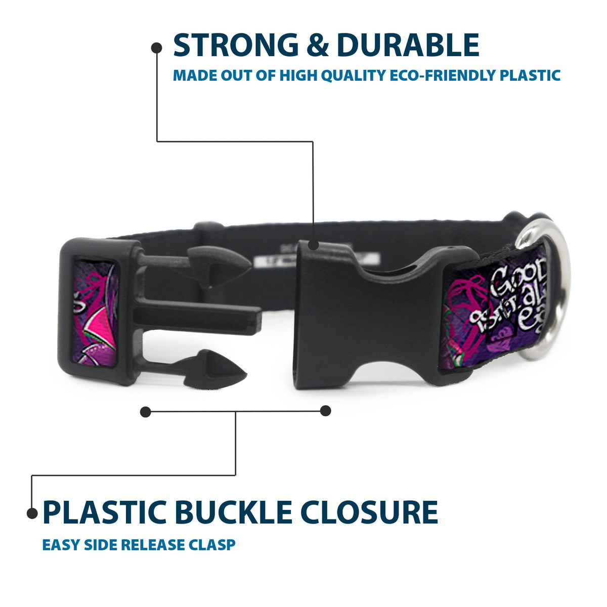 Plastic Clip Collar - Descendants Mal 3-Poses GOOD ISNT ALWAYS/Hearts/Dragons EASY Purples/Pinks