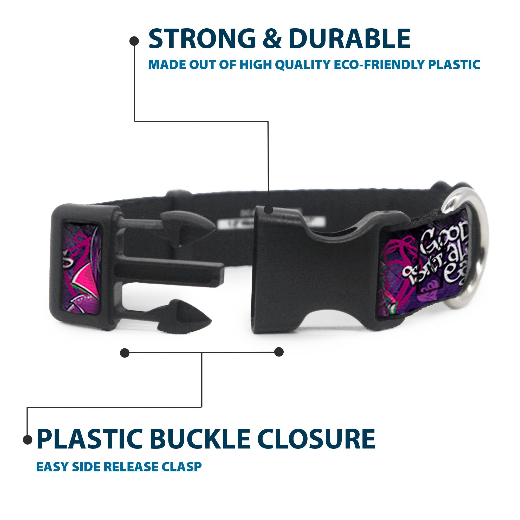 Plastic Clip Collar - Descendants Mal 3-Poses GOOD ISNT ALWAYS/Hearts/Dragons EASY Purples/Pinks
