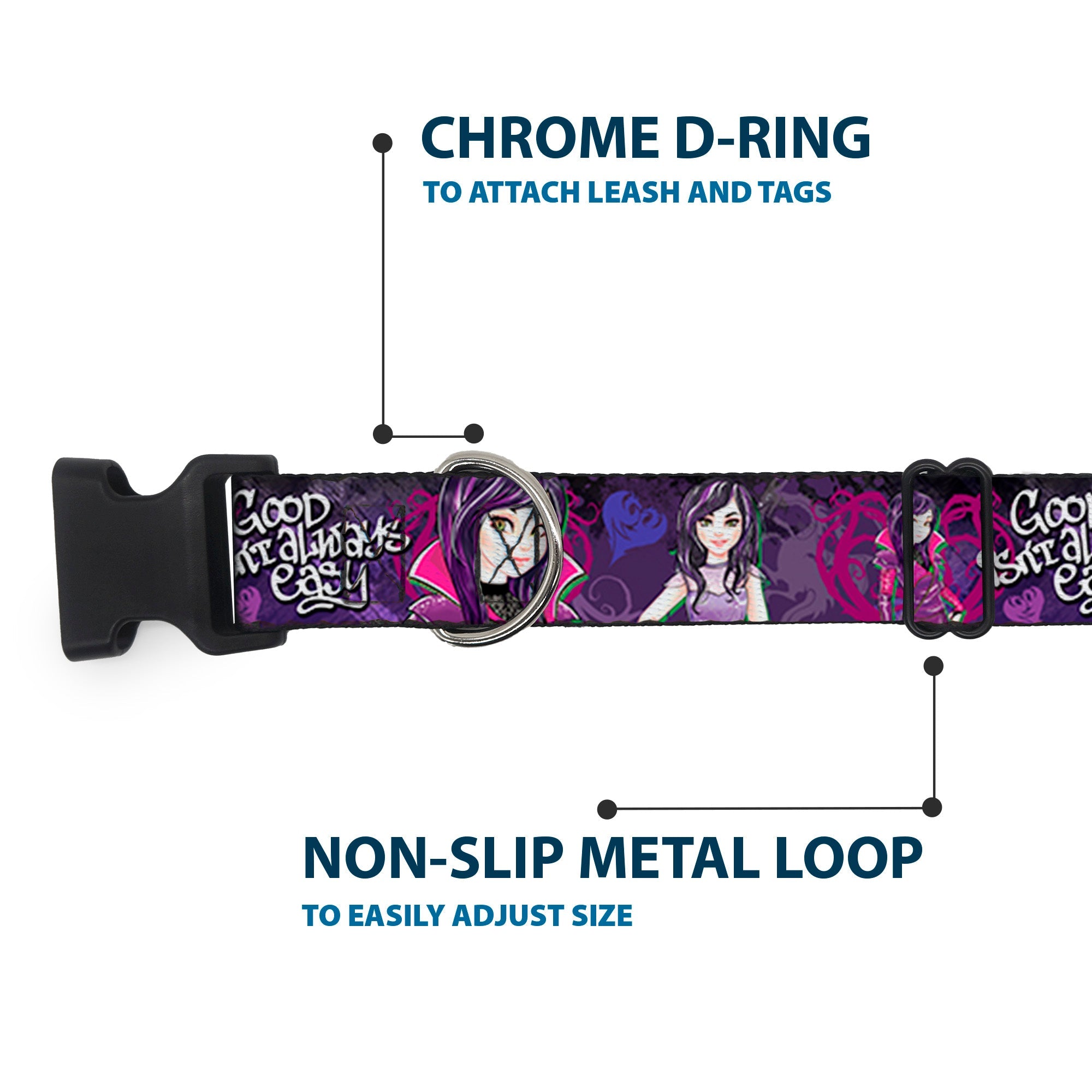 Plastic Clip Collar - Descendants Mal 3-Poses GOOD ISNT ALWAYS/Hearts/Dragons EASY Purples/Pinks