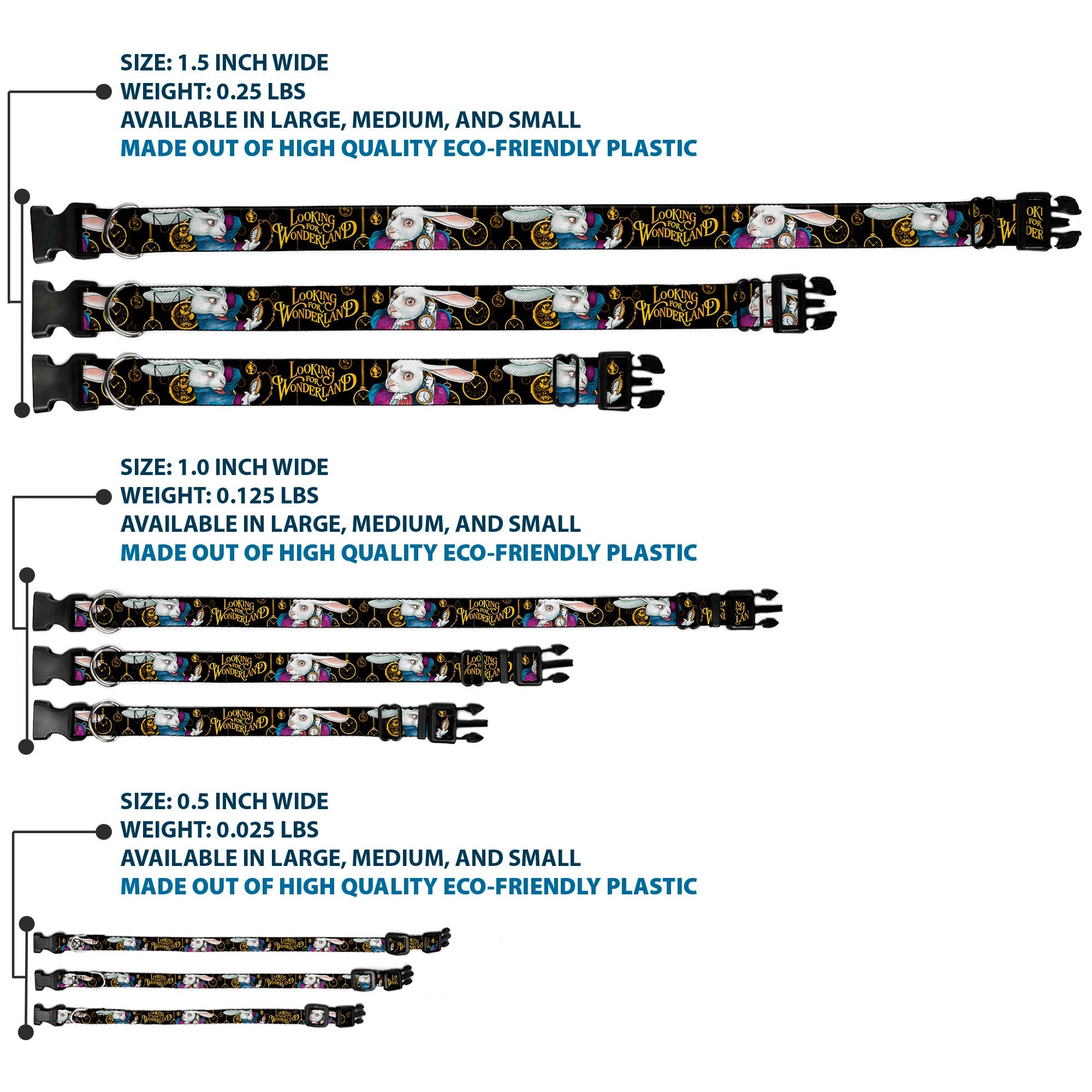 Plastic Clip Collar - White Rabbit Poses LOOKING FOR WONDERLAND/Clocks Black/Golds