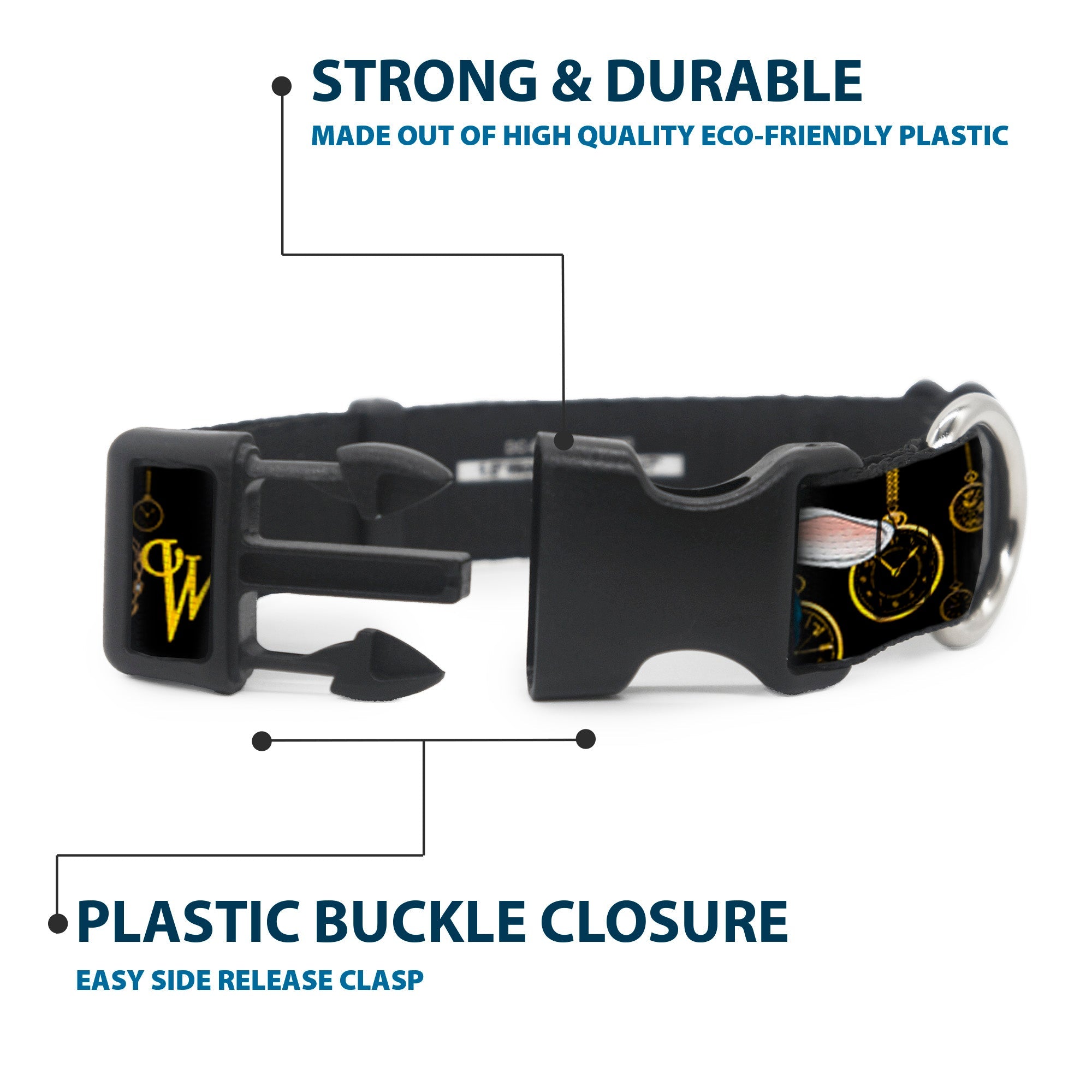 Plastic Clip Collar - White Rabbit Poses LOOKING FOR WONDERLAND/Clocks Black/Golds