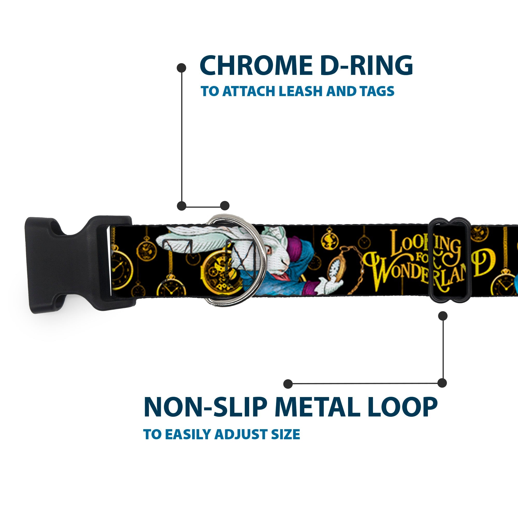 Plastic Clip Collar - White Rabbit Poses LOOKING FOR WONDERLAND/Clocks Black/Golds