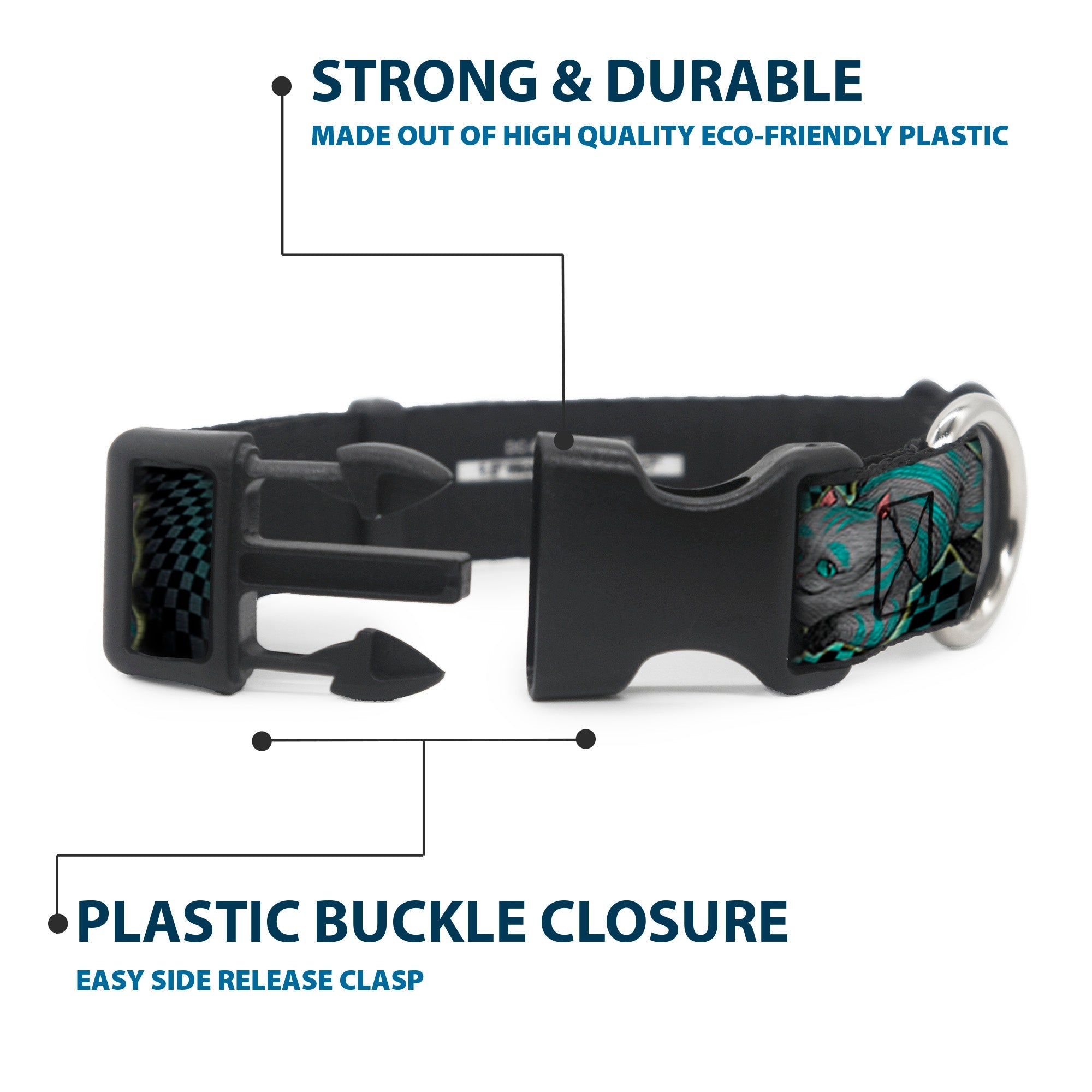 Plastic Clip Collar - Cheshire Cat 4-Poses Checkers Teal/Black