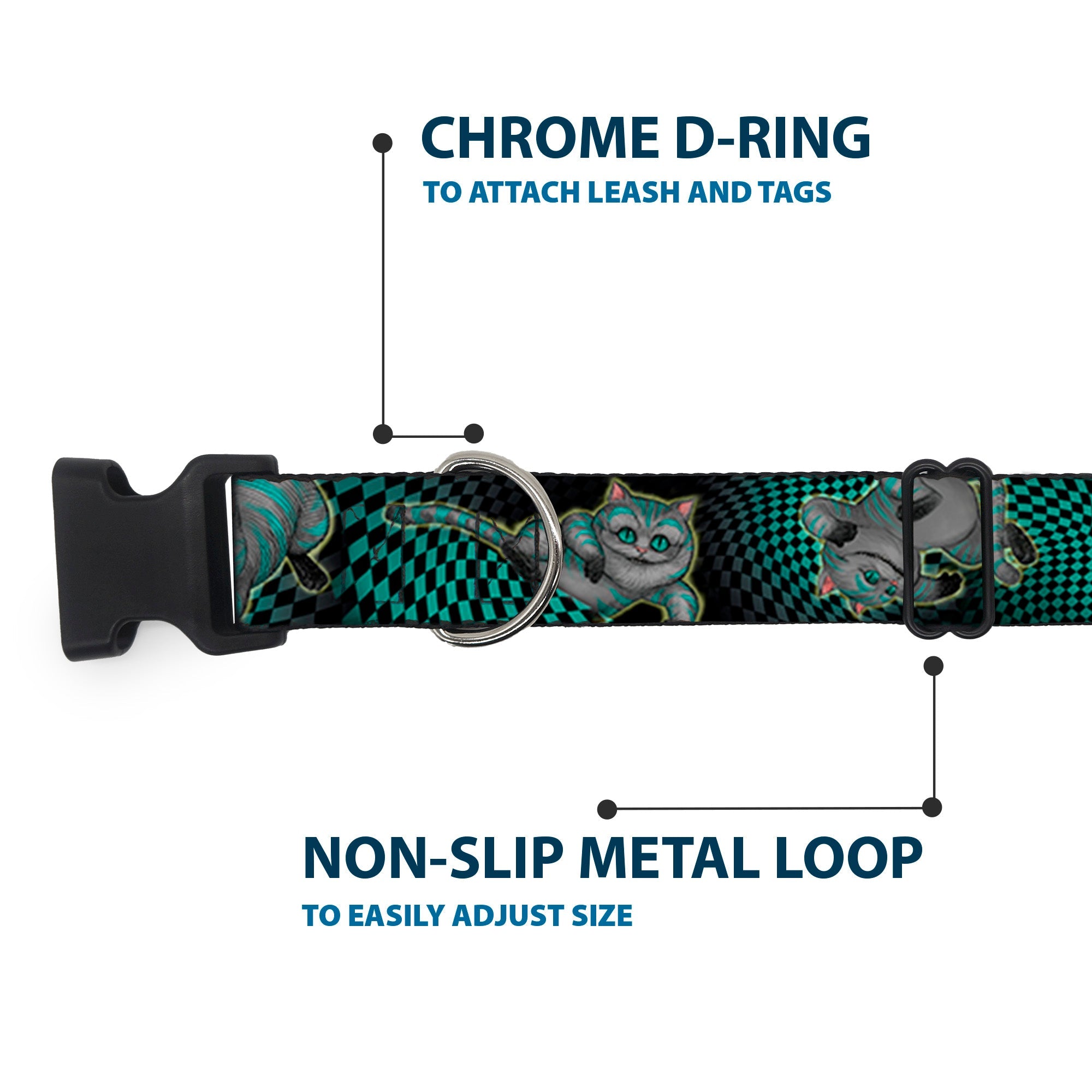 Plastic Clip Collar - Cheshire Cat 4-Poses Checkers Teal/Black