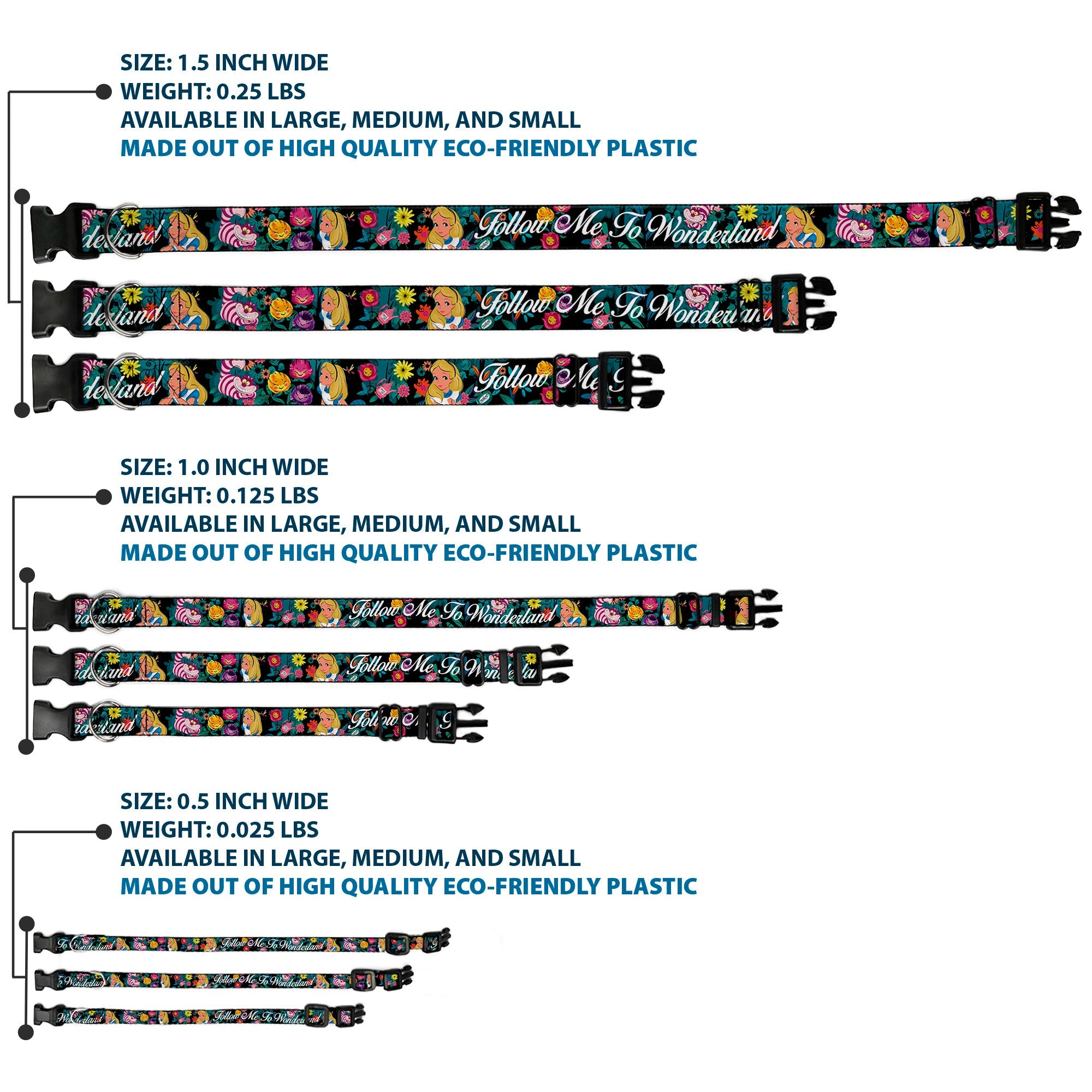Plastic Clip Collar - Alice/Cheshire Cat/Flowers Poses2/FOLLOW ME TO WONDERLAND Black/Multi Color/White