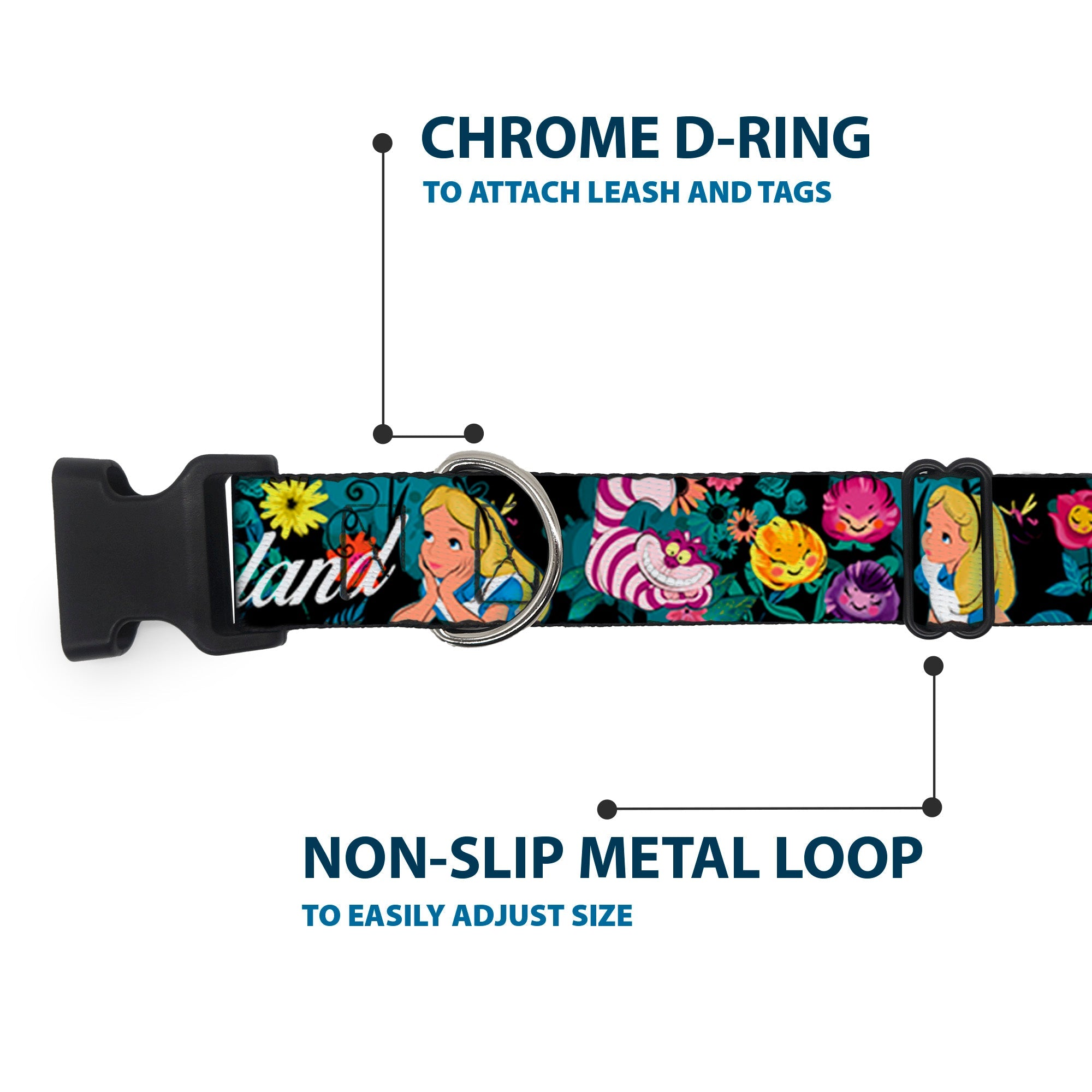 Plastic Clip Collar - Alice/Cheshire Cat/Flowers Poses2/FOLLOW ME TO WONDERLAND Black/Multi Color/White