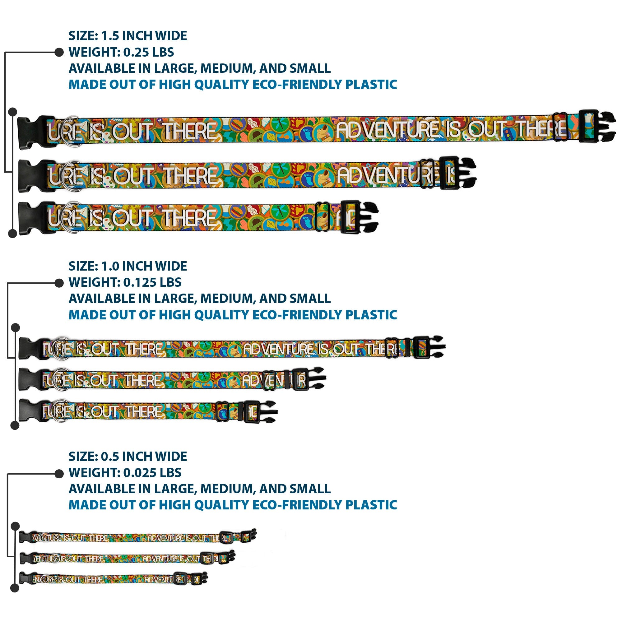 Plastic Clip Collar - ADVENTURE IS OUT THERE/Stacked Wilderness Explorer Badges Tan/Multi Color/White