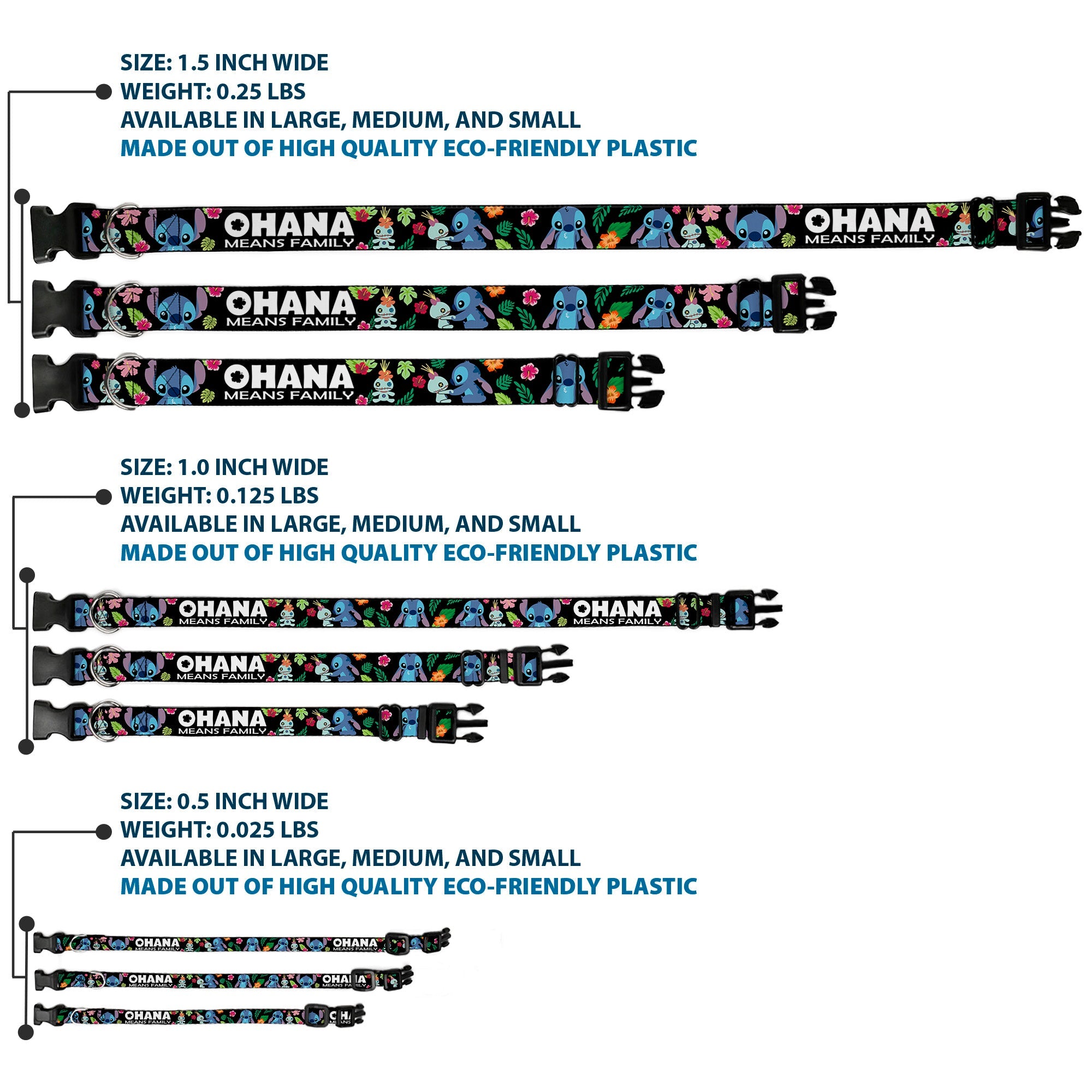 Plastic Clip Collar - OHANA MEANS FAMILY/Stitch & Scrump Poses/Tropical Flora Black/White/Multi Color