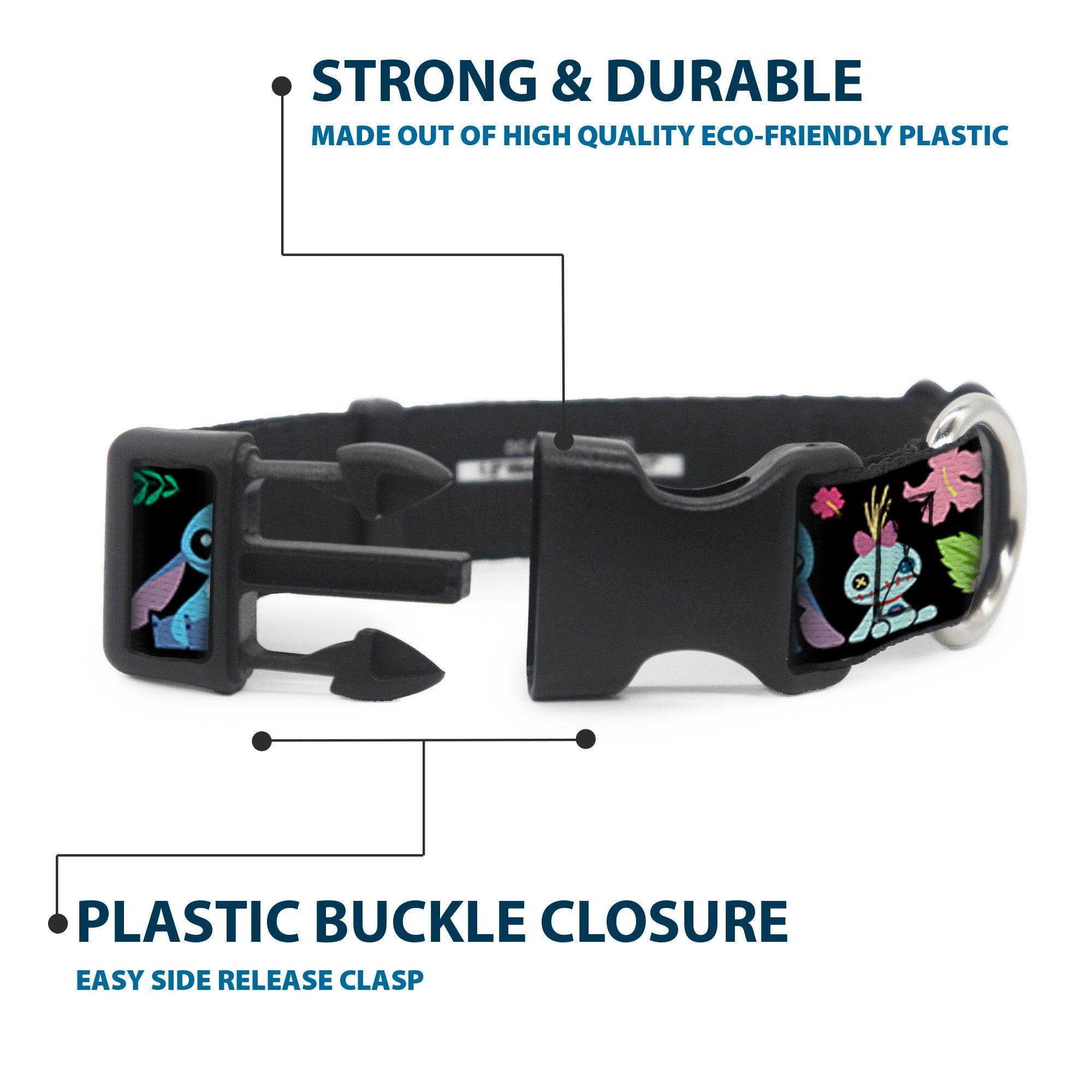 Plastic Clip Collar - OHANA MEANS FAMILY/Stitch & Scrump Poses/Tropical Flora Black/White/Multi Color