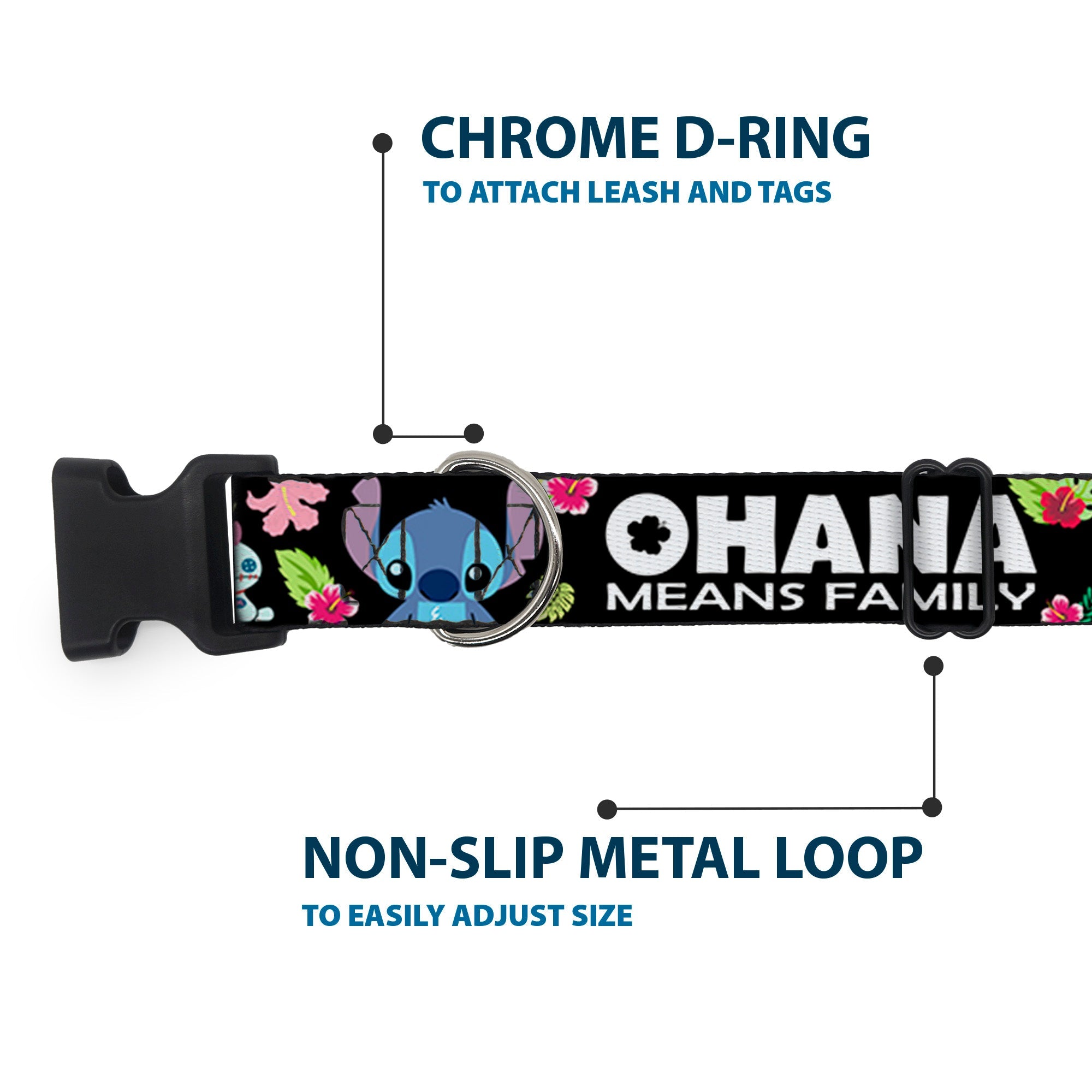 Plastic Clip Collar - OHANA MEANS FAMILY/Stitch & Scrump Poses/Tropical Flora Black/White/Multi Color