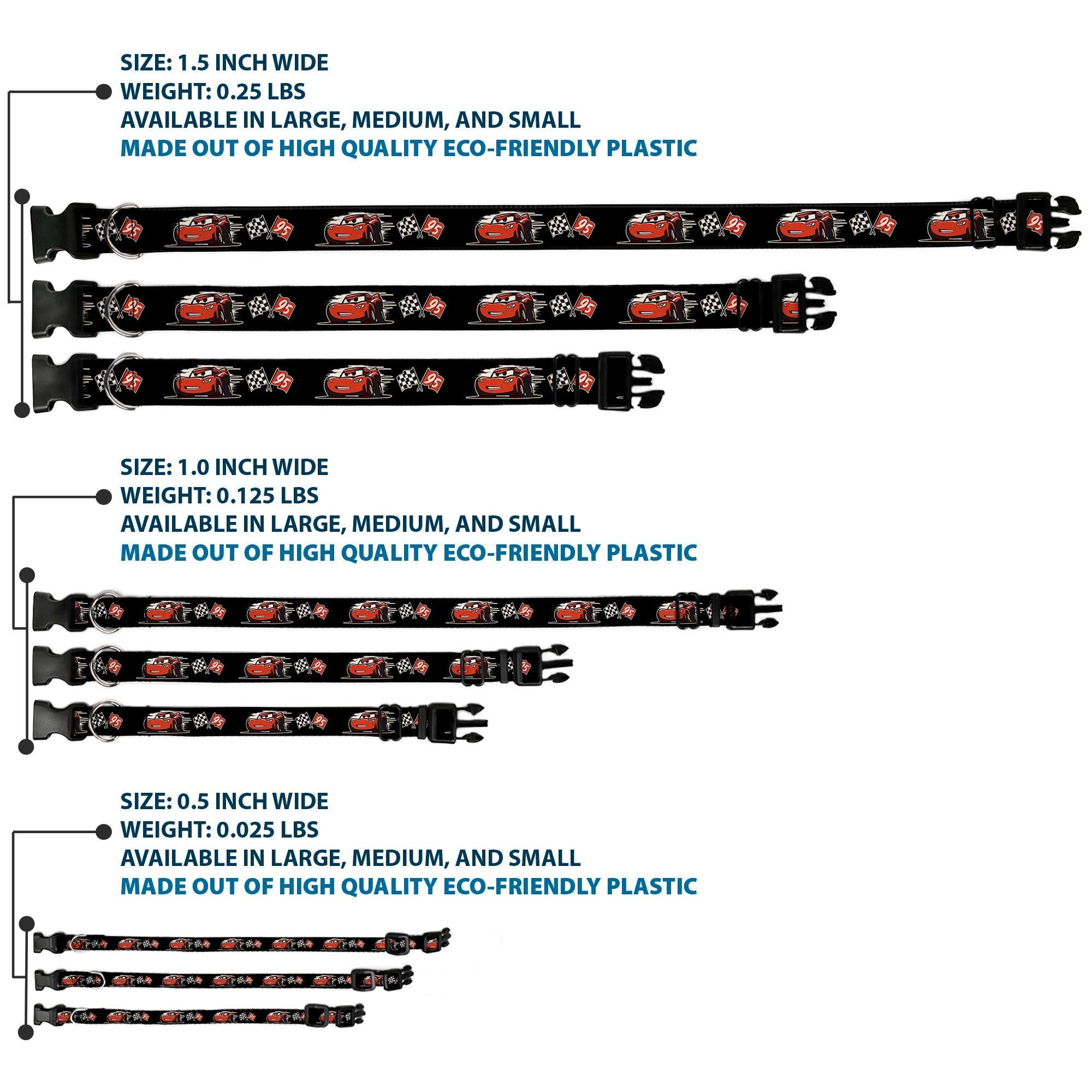 Plastic Clip Collar - Cars 3 Lightning McQueen Caricature/Race Flags Black/White/Red