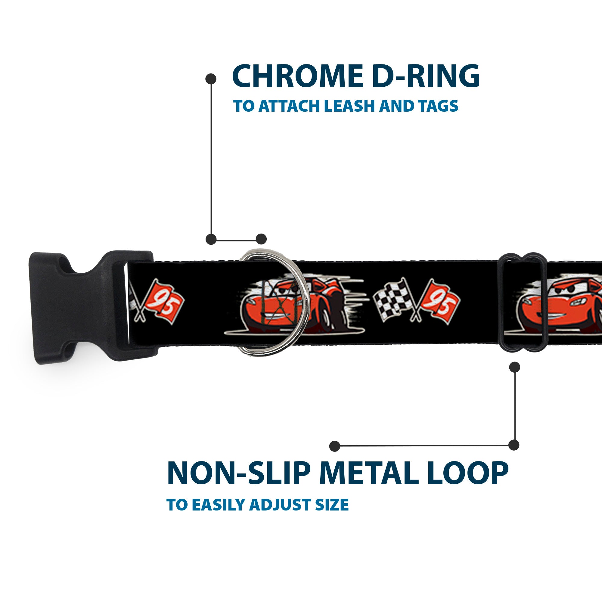 Plastic Clip Collar - Cars 3 Lightning McQueen Caricature/Race Flags Black/White/Red