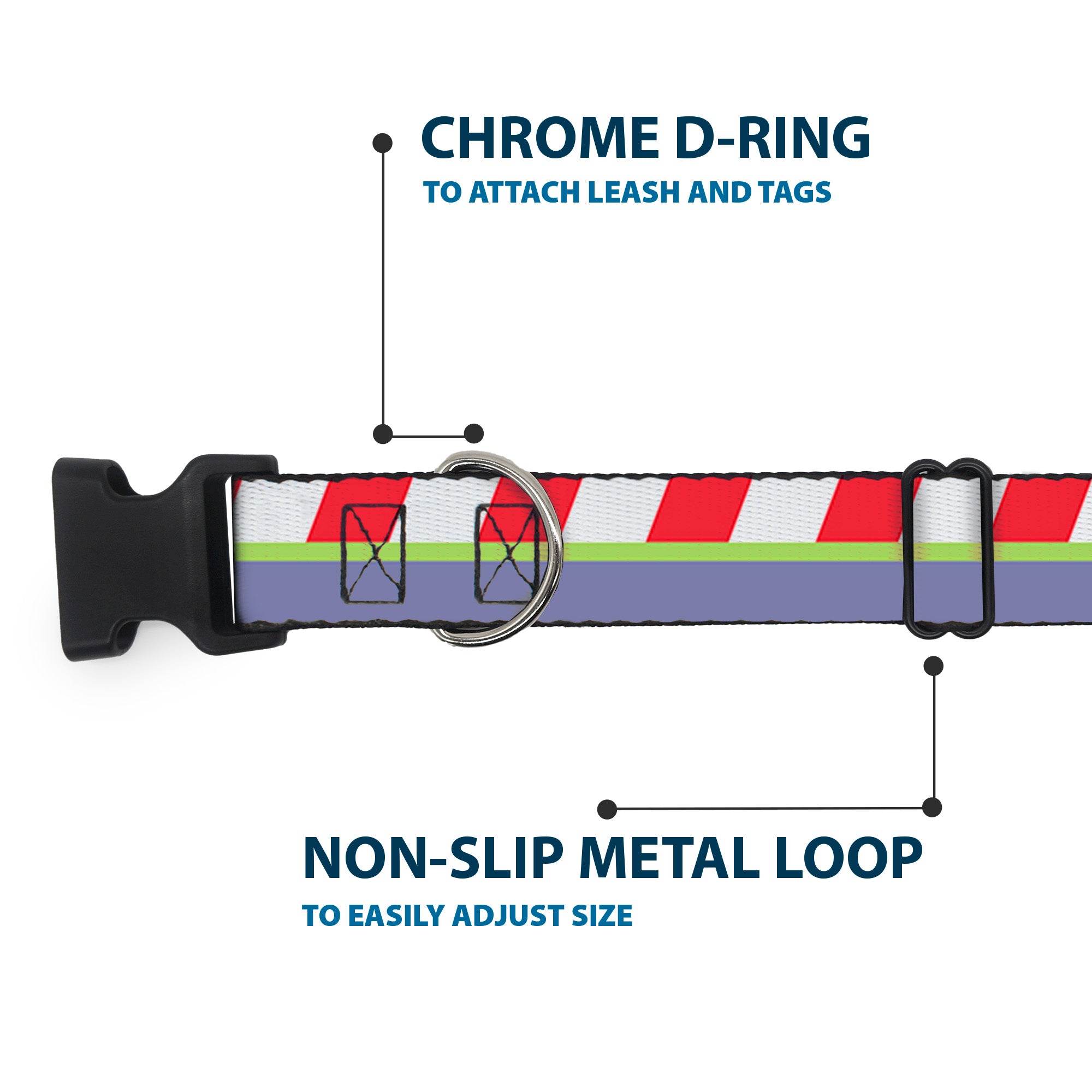 Plastic Clip Collar - Toy Story Buzz Lightyear Bounding Striping Red/White/Green/Purple