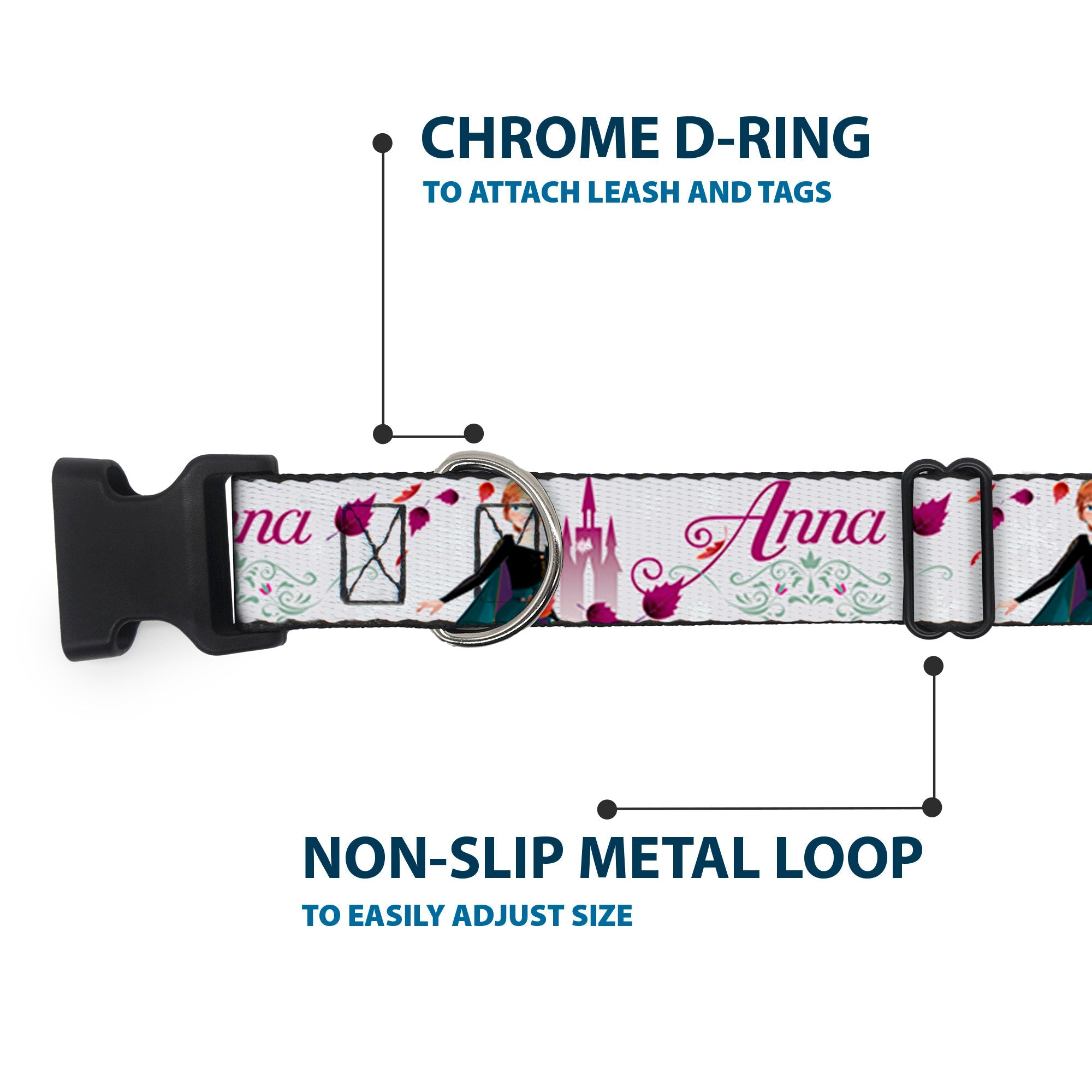 Plastic Clip Collar - Frozen Anna Castle Pose with Flowers and Script Grays/Pinks