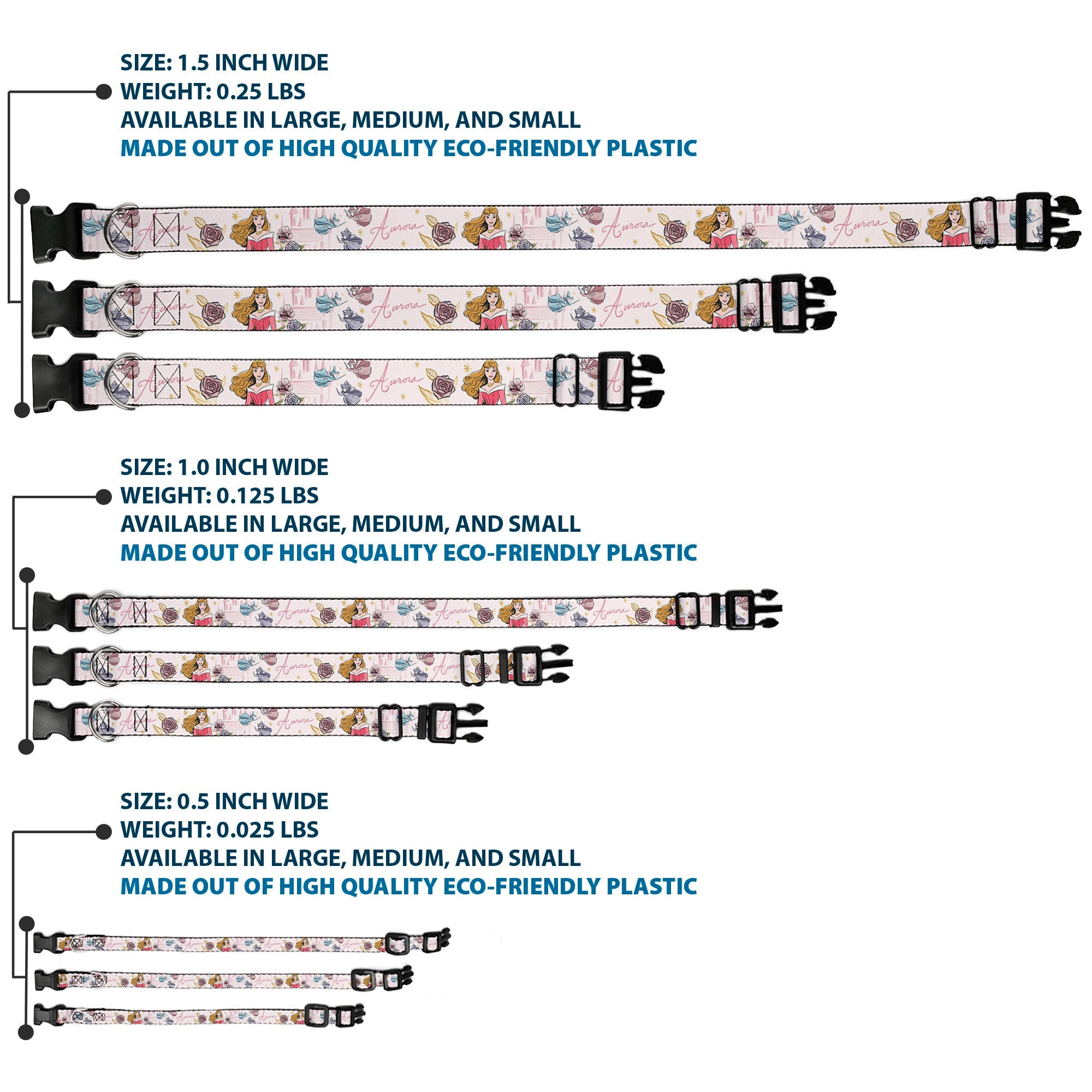 Plastic Clip Collar - Sleeping Beauty Aurora Castle and Fairy Godmothers Pose with Script and Flowers White/Pinks