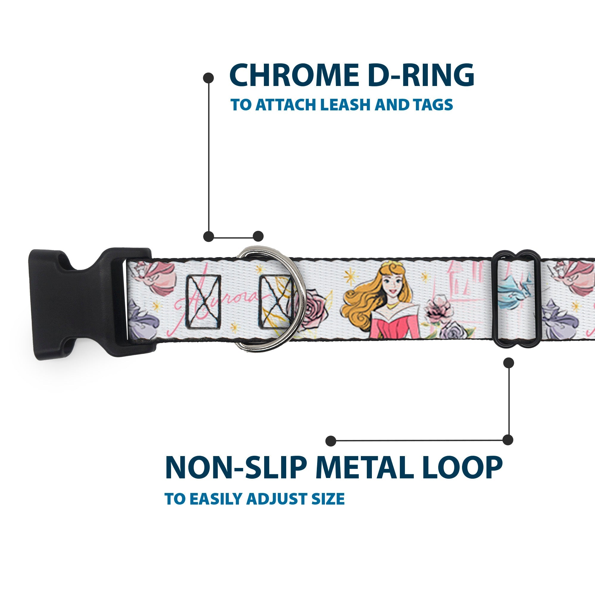 Plastic Clip Collar - Sleeping Beauty Aurora Castle and Fairy Godmothers Pose with Script and Flowers White/Pinks