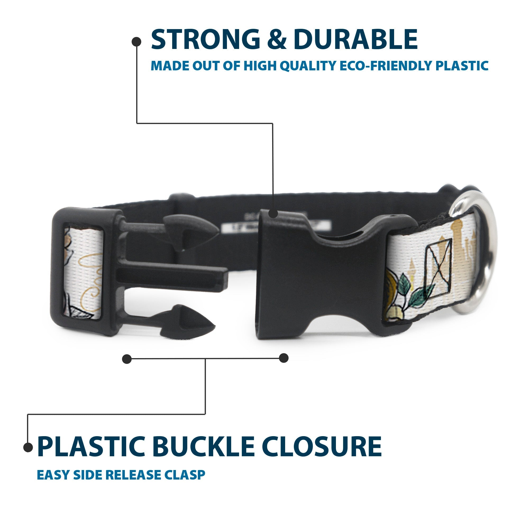 Plastic Clip Collar - Beauty and the Beast Belle Castle Pose with Script and Flowers White/Yellows