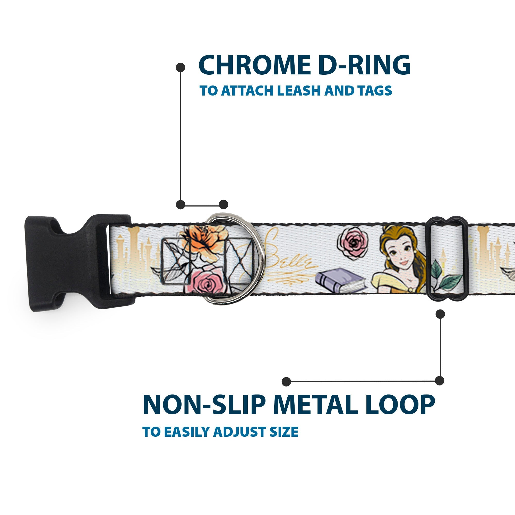 Plastic Clip Collar - Beauty and the Beast Belle Castle Pose with Script and Flowers White/Yellows