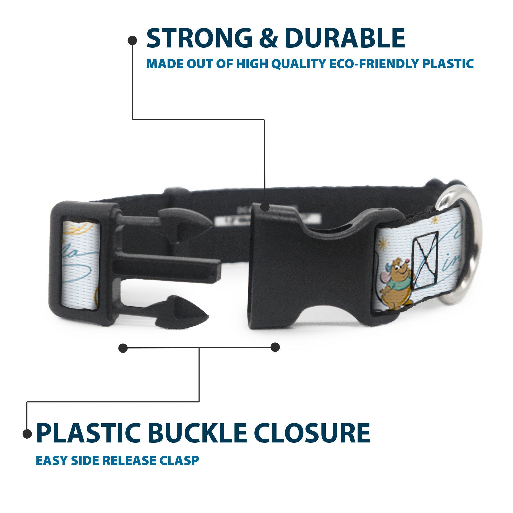 Plastic Clip Collar - Cinderella Pumpkin Coach and Mice Pose with Script White/Blues