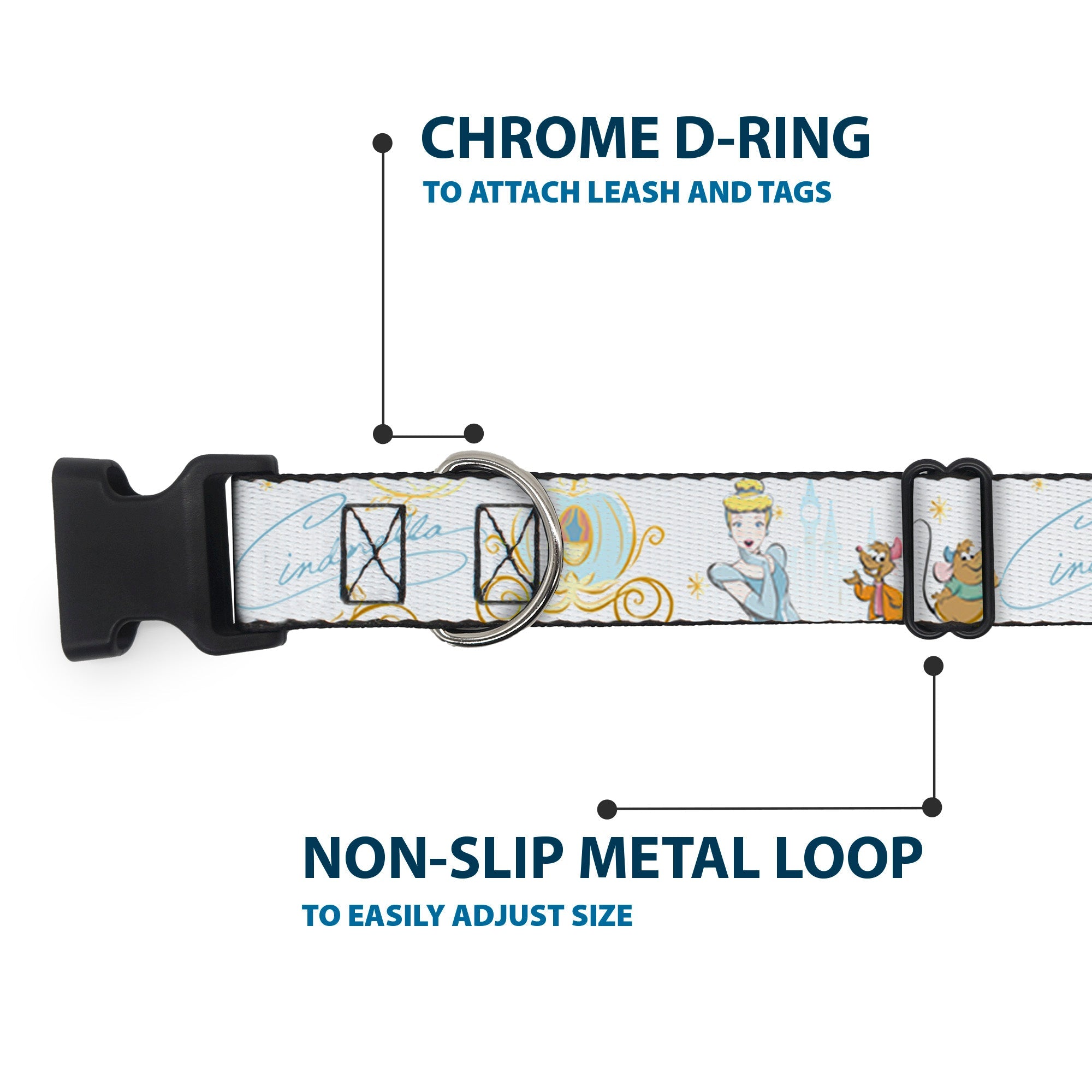 Plastic Clip Collar - Cinderella Pumpkin Coach and Mice Pose with Script White/Blues